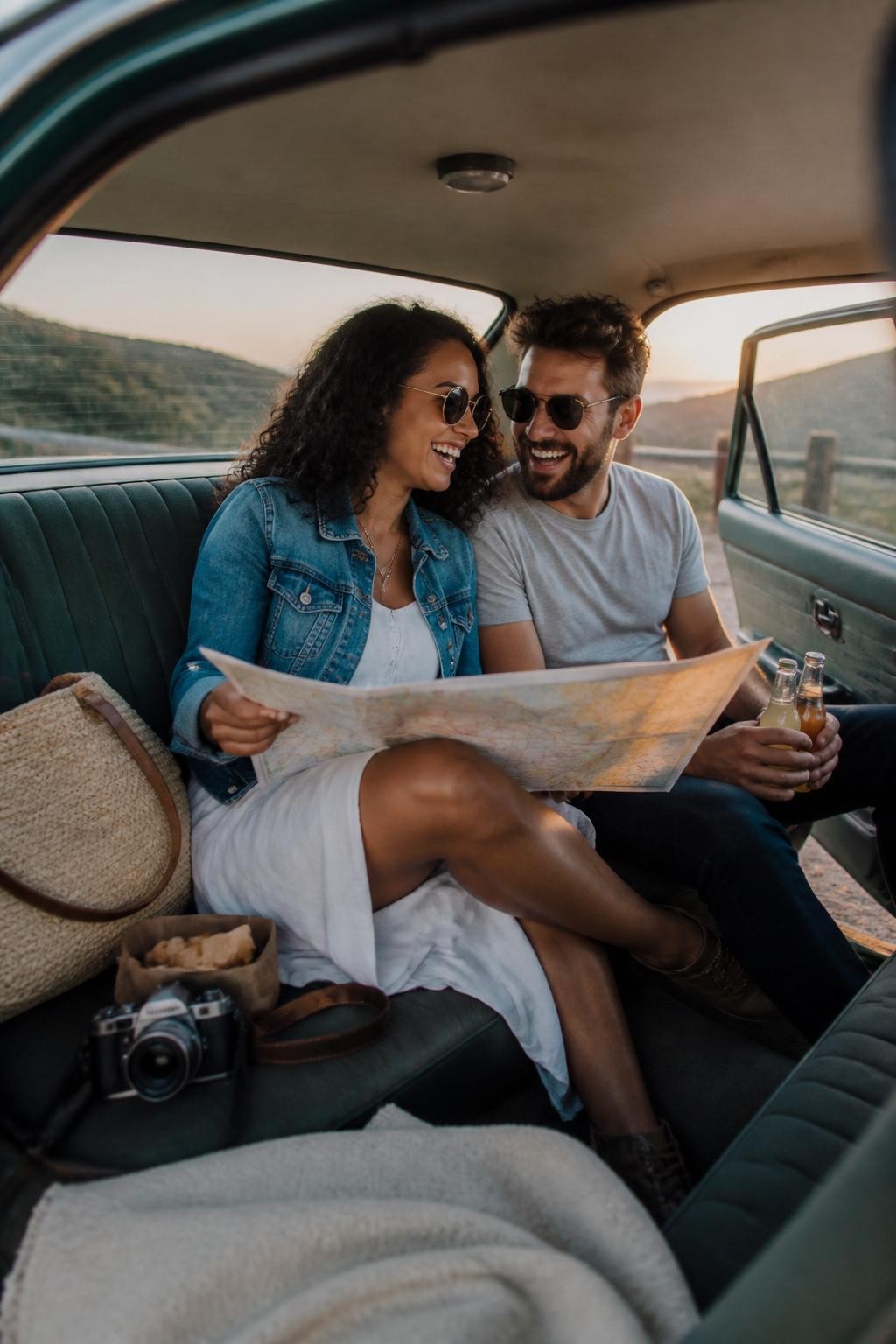 Image prompt: A joyful DSLR photo of an adult couple sitting in the open backseat of a parked vintage car near a quiet roadside overlook, featuring a Black woman with warm brown skin wearing a denim jacket over a white sundress, sitting with one leg tucked under her and one hand holding a paper map, her partner sitting beside her holding two bottled drinks, both laughing as the map partly folds between them, sunset hills outside the car window, tote bag, sunglasses, snacks, and a camera on the seat, soft wind through the open door, realistic car upholstery, natural candid couple travel photo.