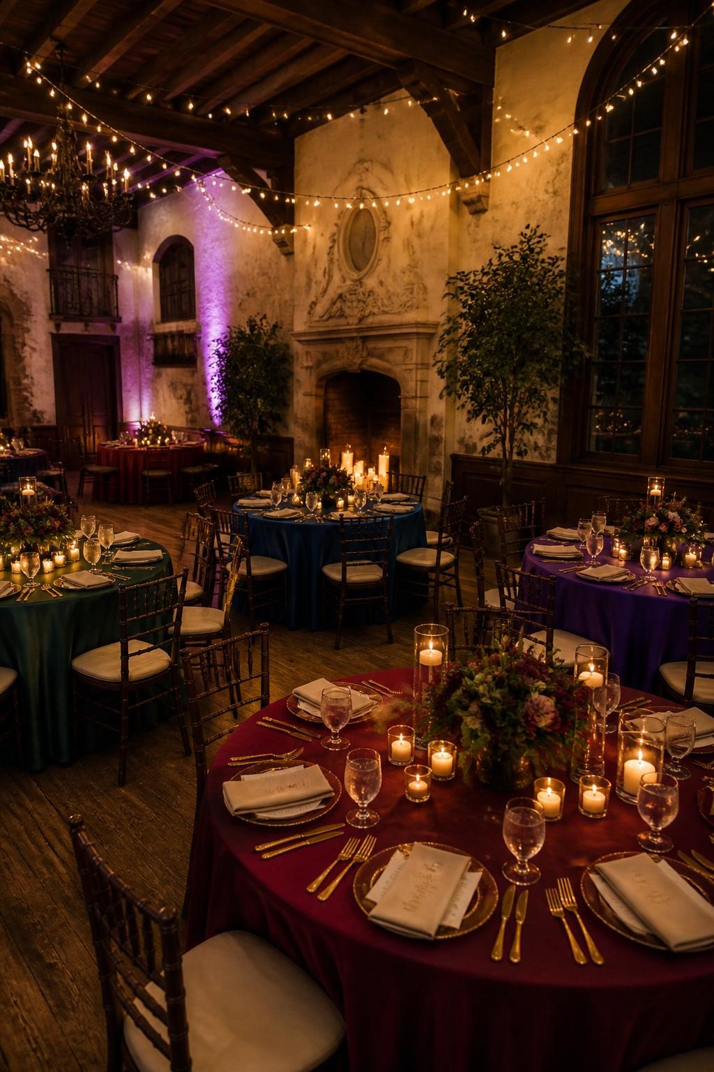 Realistic DSLR wide photo of a fall wedding reception with round tables dressed in mixed jewel tone linens, emerald, sapphire, amethyst, and garnet, each table styled with cream candles, gold flatware, low dark floral centerpieces, warm string lights, old manor venue, no visible faces.