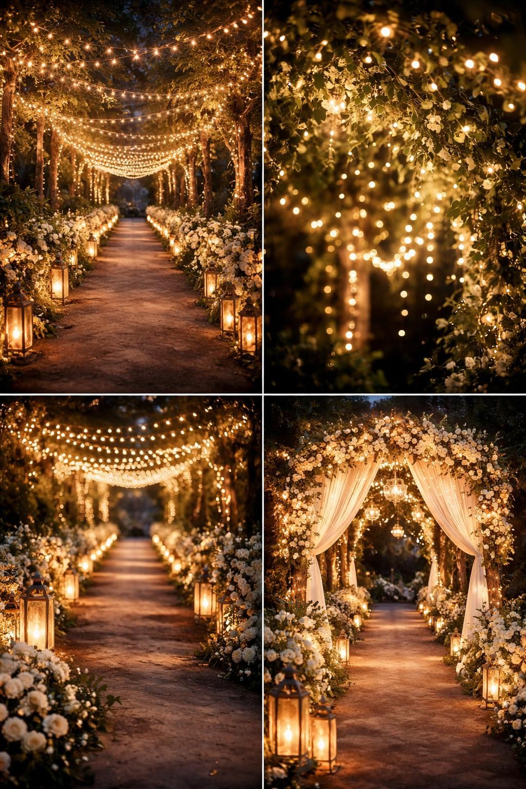 A professional 4-grid wedding decor collage showing a fairytale wedding entrance walkway with lights, top-left image featuring a garden path with string lights overhead and candles lining both sides, top-right image showing close-up fairy lights wrapped through greenery, bottom-left image showing glowing lanterns along a flower-lined walkway, bottom-right image showing a romantic entrance arch with soft lights and white blooms, evening wedding setting, warm magical lighting, no faces, no watermarks on images.