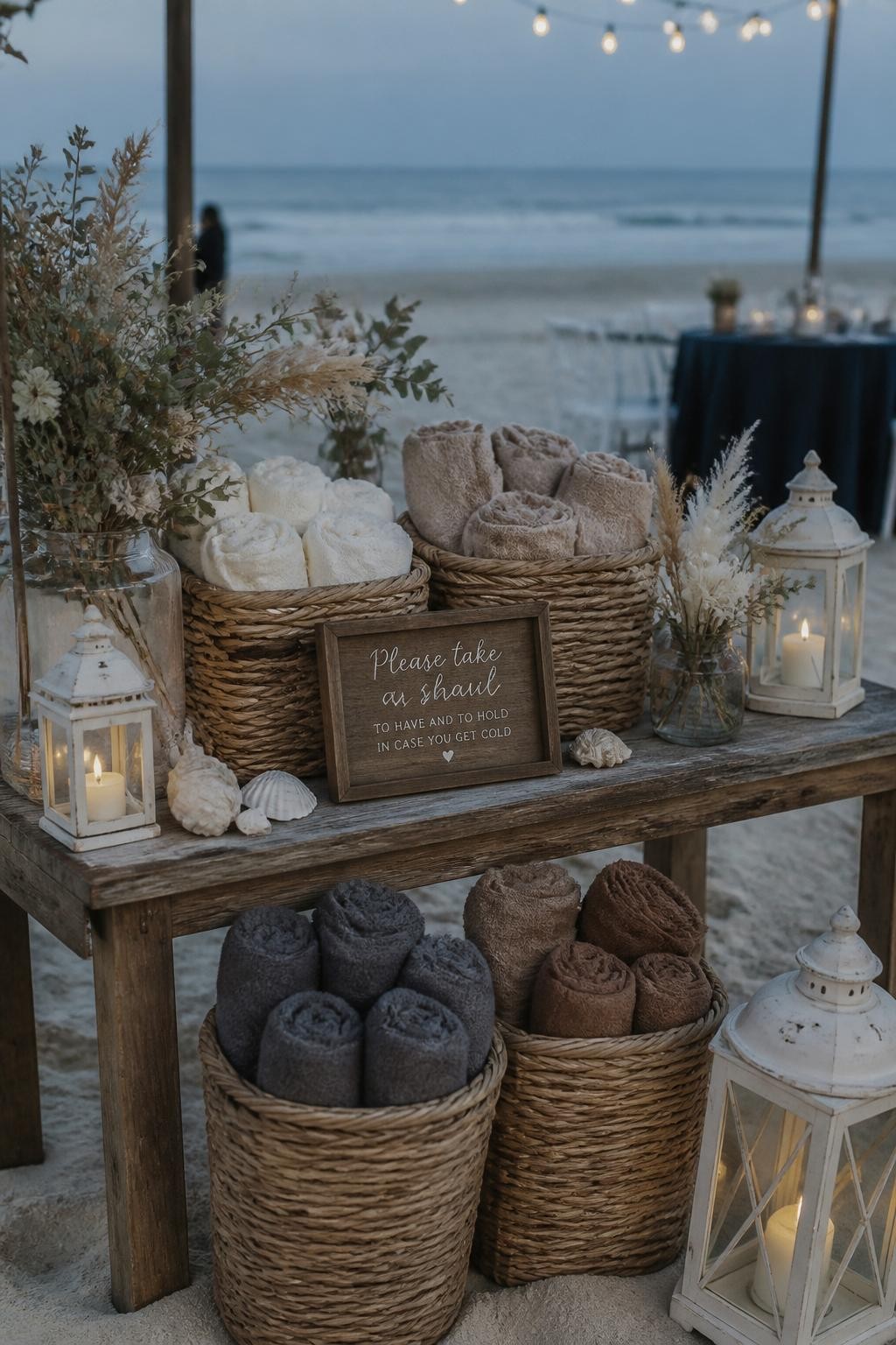 Realistic DSLR photo of a fall beach wedding shawl basket station with woven baskets filled with folded shawls in cream, taupe, storm blue, and soft brown, small wooden sign, dried flowers, seashells, lanterns, sandy reception area, cool evening beach mood.