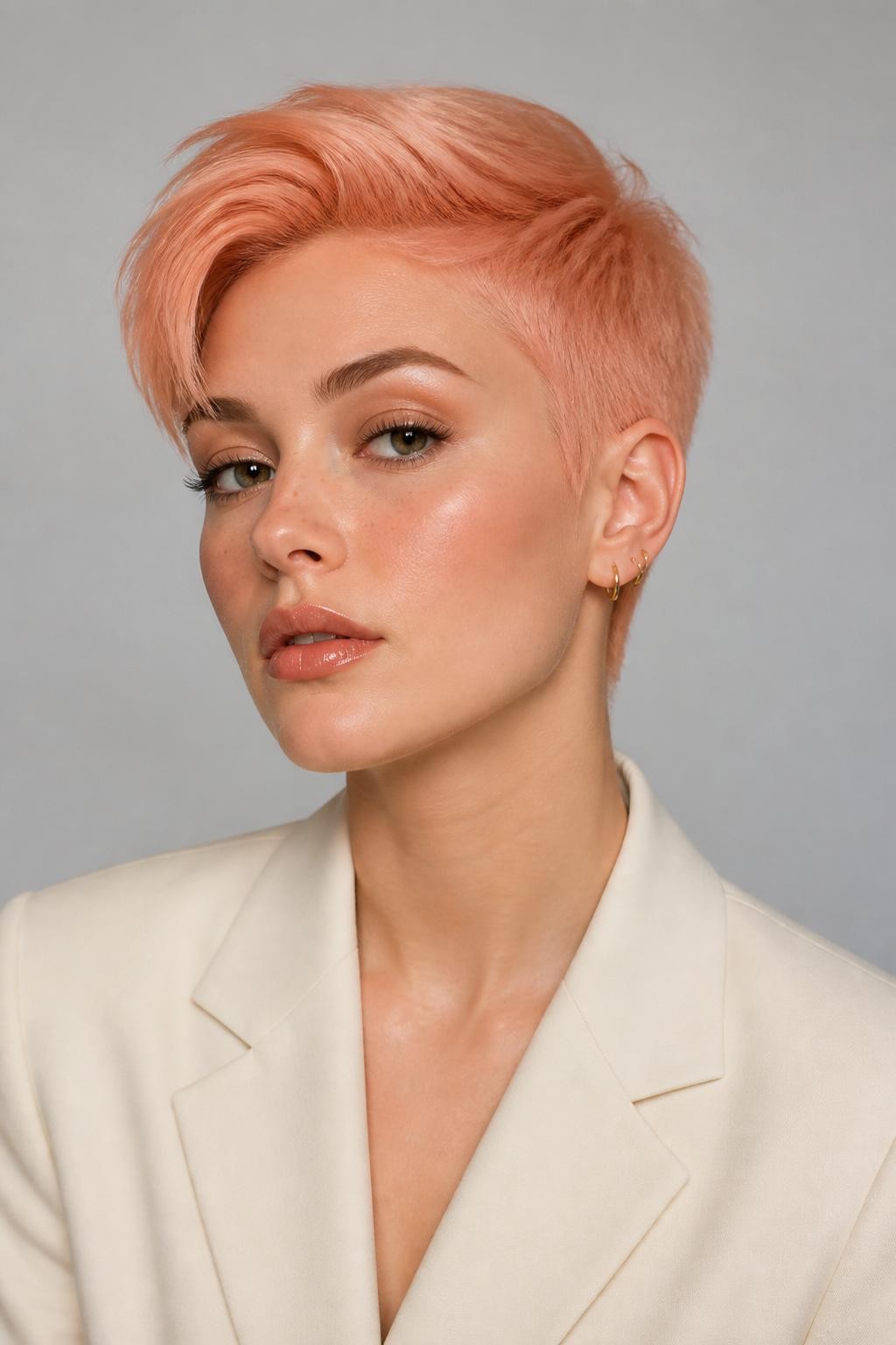 Image Prompt: A chic woman with a short peach pixie cut, neatly shaped sides, soft swoop at the front, warm pastel peach hair color with smooth shine, defined lashes, glossy nude lip, small gold earrings, tailored cream blazer, clean studio background, sharp beauty editorial photography, realistic DSLR image, no text, (no watermarks on images)