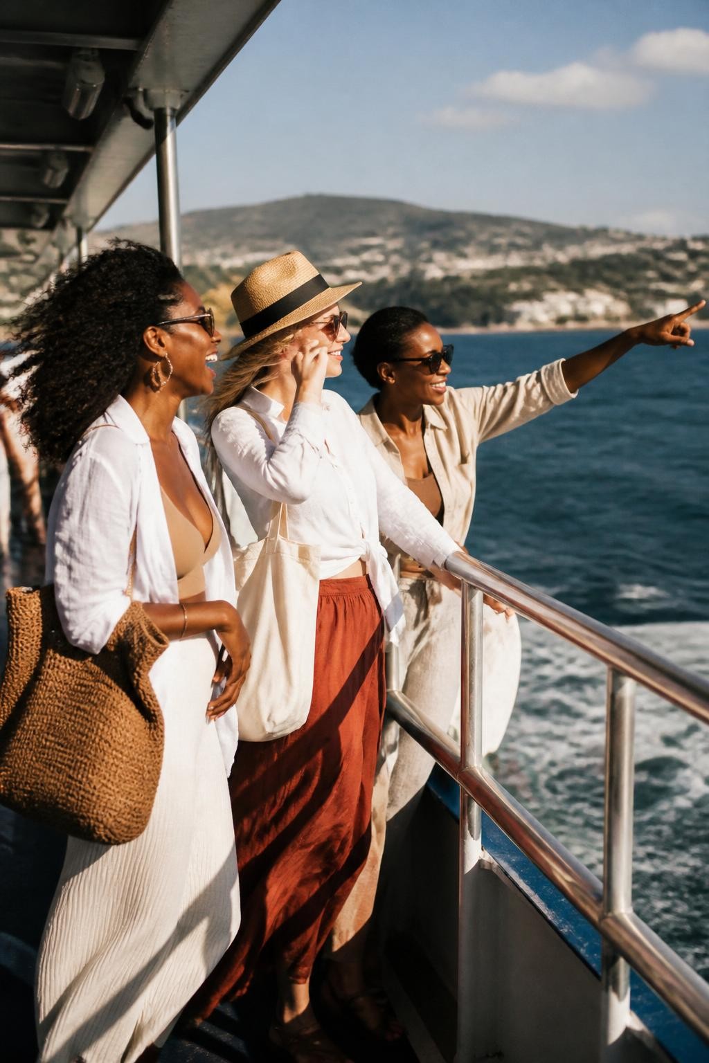 Image prompt: A breezy DSLR travel photo of three adult women friends standing along a ferry rail, including two Black women with deep and warm brown skin tones and one woman with fair skin, wearing light vacation layers, linen shirts, flowy skirts, sunglasses, and tote bags, leaning along the rail at different heights, one holding her hat in the wind, one laughing toward the group, one pointing toward the shoreline, ocean waves behind them, ferry deck details, sunlight on the rail, realistic wind movement, natural candid trip photography.