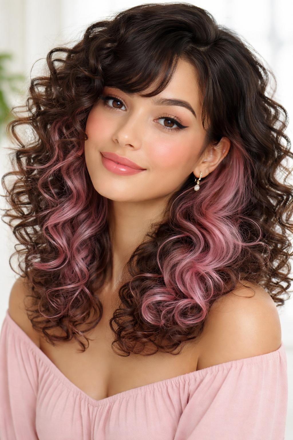 Image Prompt: A beautiful woman with medium-length curly hair, dark brunette top layer with soft pink peekaboo color underneath, bouncy defined curls with playful movement, pastel rose-pink hidden sections visible through the lower curls and around one side, light to medium skin tone, fresh rosy makeup, glossy pink lips, delicate earrings, blush top, bright studio background, soft daylight lighting, realistic DSLR beauty editorial portrait, detailed curl texture and pink contrast, no text, (no watermarks on images)