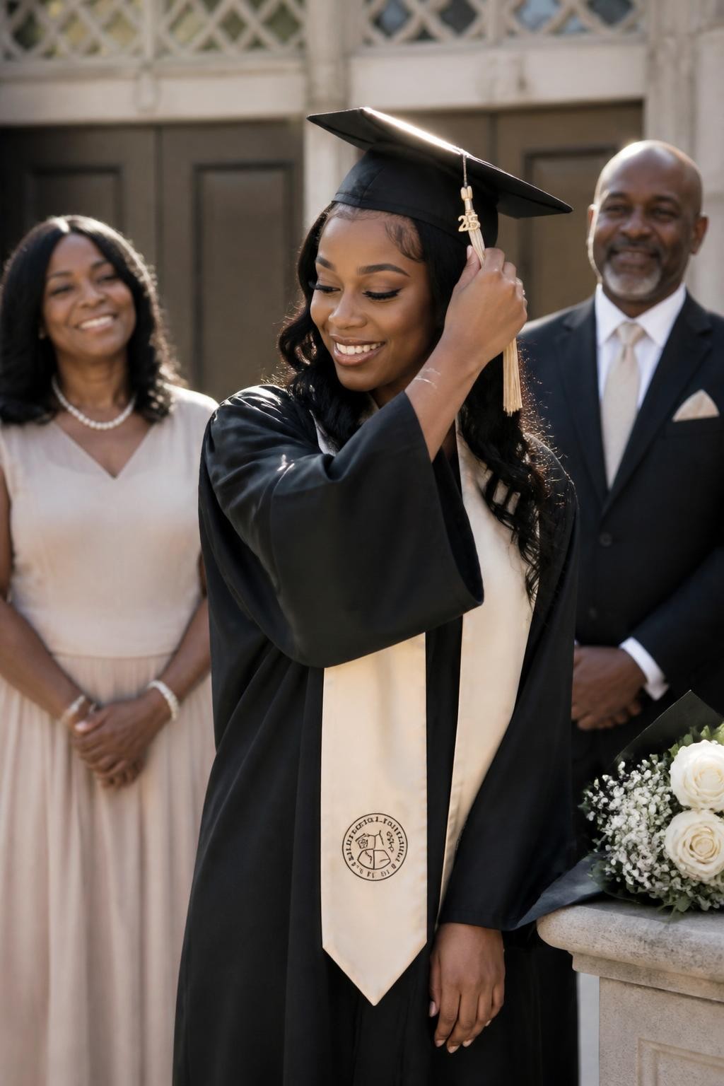 Image prompt: An elegant DSLR graduation photo of a graduate shown from a slight side angle while moving the tassel on their cap, featuring a Black graduate with rich brown skin wearing a black gown, cream stole, and simple jewelry, parents standing softly behind them with hands clasped and proud smiles, ceremony building doors in the background, bouquet resting on a nearby ledge, sunlight on the cap edge, realistic tassel detail, natural skin texture, clean editorial graduation family photo, proud and calm mood.