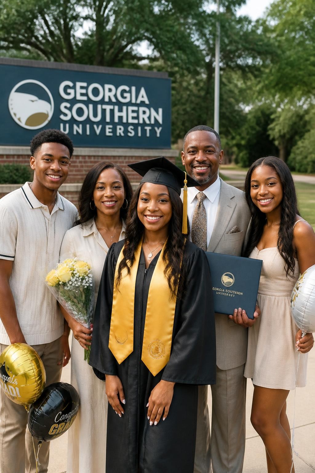 Image prompt: A polished DSLR graduation photo of a graduate standing with family in front of a university sign, featuring a Black woman graduate with warm brown skin in a black gown, gold stole, and cap, standing slightly forward while family lines up behind her at different angles, mother holding a bouquet, father holding the diploma folder, siblings holding small balloons, everyone dressed in coordinated neutral outfits, campus sign partly visible and readable, trees and walkway behind them, soft daylight, natural skin texture, classic but modern family graduation portrait.