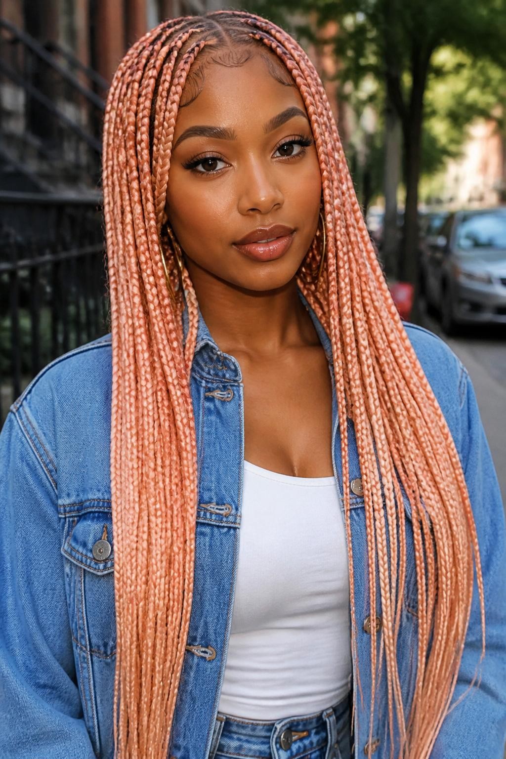 Image Prompt: A fashionable woman wearing long peach box braids, waist-length braids in soft peach and peach-blonde tones, neat square parts, smooth finished tips, softly styled baby hairs, medium-deep skin tone, glossy lips, gold hoop earrings, denim jacket over a white top, outdoor city background softly blurred, natural daylight, realistic lifestyle beauty portrait, detailed braid texture and peach color, no text, (no watermarks on images)