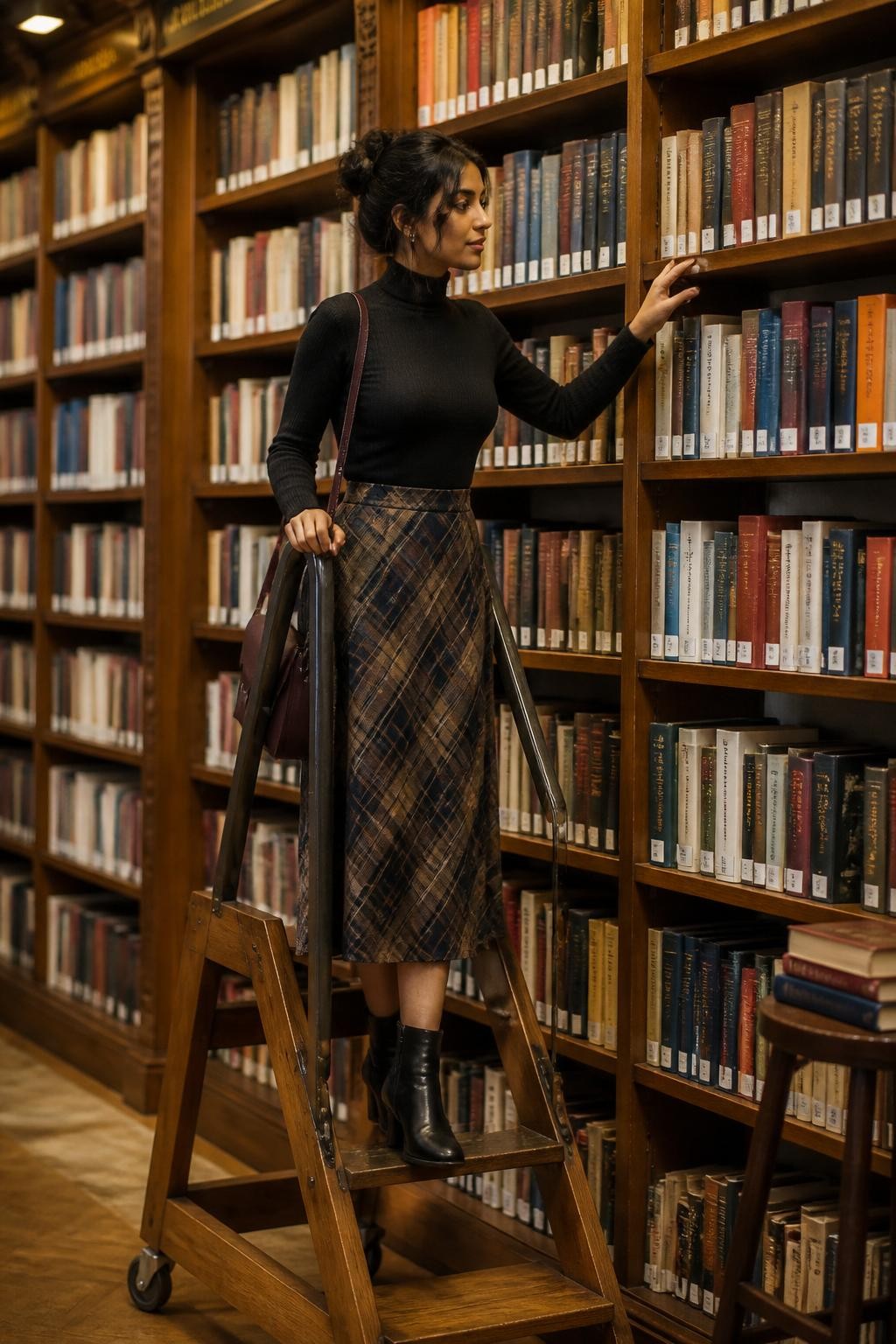 Image prompt: A polished DSLR library photo of an adult woman with medium skin tone standing safely on the lowest step of a small rolling library ladder, wearing a fitted black turtleneck, plaid midi skirt, ankle boots, and a slim shoulder bag, one hand holding the ladder rail while the other reaches for a book on a middle shelf, face turned slightly toward the book, tall wooden shelves behind her, warm overhead lights, a few books stacked on a nearby stool, realistic ladder wood texture, soft shadows, cute academic outfit mood, stylish library trip photography.