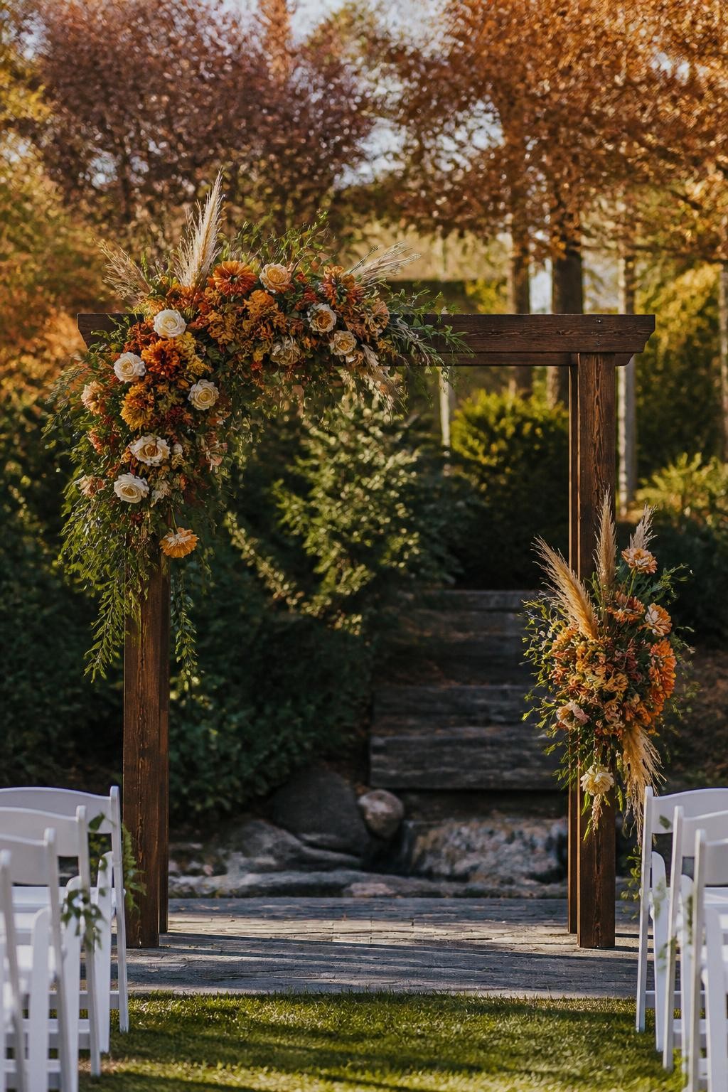 Realistic DSLR photo of a fall wedding ceremony arch with an asymmetrical floral design, golden marigolds, burnt orange ranunculus, cream roses, olive greenery, dried wheat, one side fuller than the other, simple white chairs, garden venue, bright fall afternoon light.