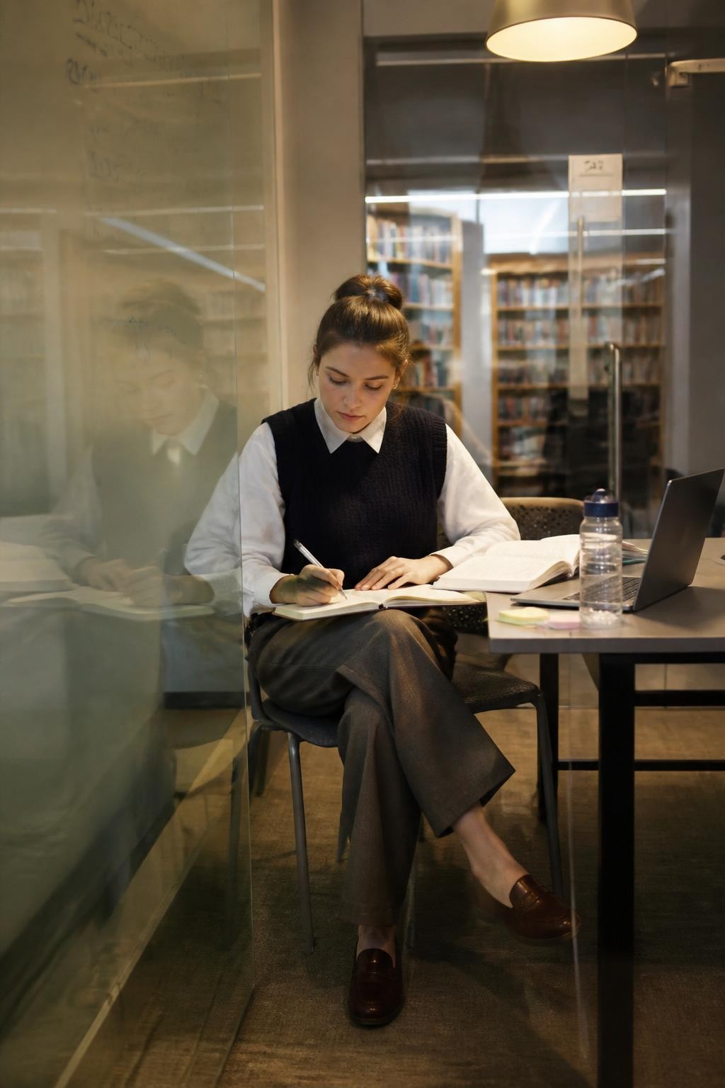 Image prompt: A modern DSLR photo of an adult woman with fair skin sitting inside a glass-walled library study room, wearing a navy sweater vest over a white shirt, loose trousers, and loafers, writing in a notebook while her soft reflection appears on the glass wall beside her, face turned slightly down and partly softened by reflection, open books, laptop, sticky notes, and a clear water bottle on the table, marker writing faintly visible on the glass, warm ceiling light, realistic glass glare, clean study-room mood, cute library work session photography.