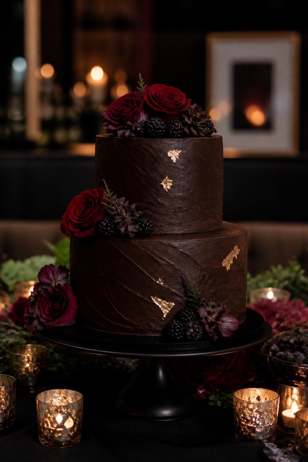 Realistic DSLR photo of a two-tier dark chocolate fall wedding cake with textured chocolate buttercream, small touches of edible gold leaf, blackberries, plum flowers, deep red roses, black cake stand, candlelit dessert table, moody restaurant reception setting.