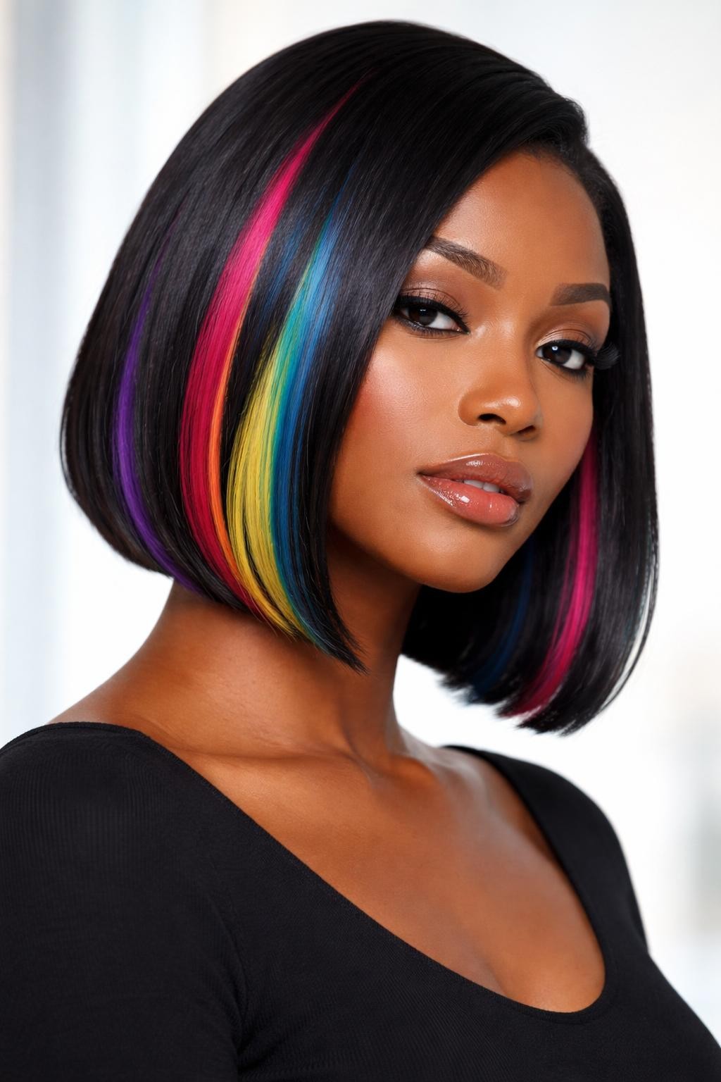 Image Prompt: A confident woman with a sleek chin-length bob featuring rainbow color blocking, glossy black base with bold blocked panels of pink, blue, yellow, and purple placed through the sides and lower layers, sharp bob shape, smooth straight finish, deep brown skin, clean glam makeup, glossy lips, simple black top, bright studio background, editorial beauty photography, realistic DSLR image, colorful but polished hair detail, no text, (no watermarks on images)