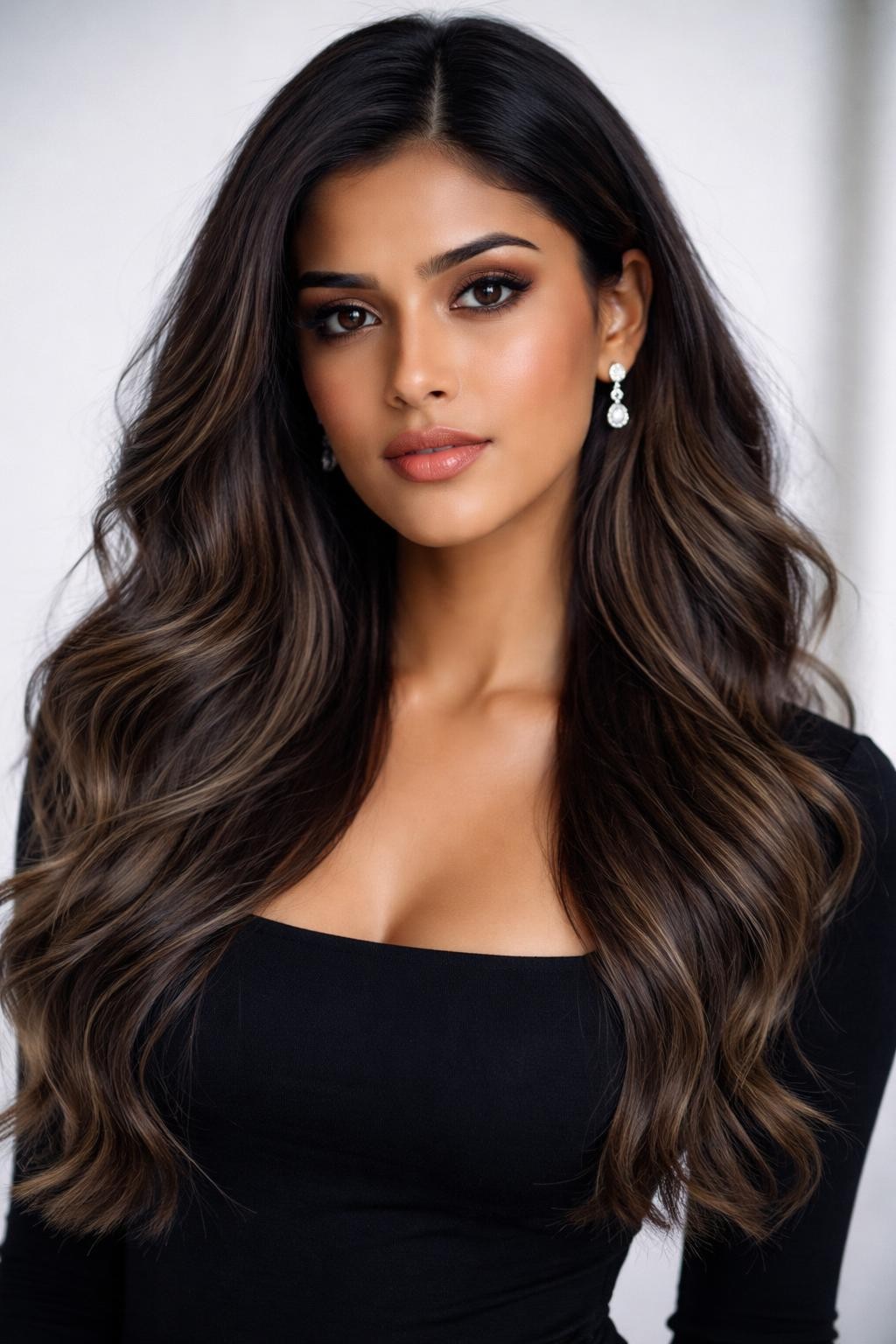 Image Prompt: A beautiful Indian woman with long dark hair and ash brown balayage, deep natural brown roots with soft ash brown pieces through the mid-lengths and ends, loose waves, olive skin tone, soft neutral makeup, glossy nude lips, silver earrings, fitted black top, clean modern studio background, cool soft lighting, realistic DSLR editorial portrait, smooth ash brown color blend, no text, (no watermarks on images)
