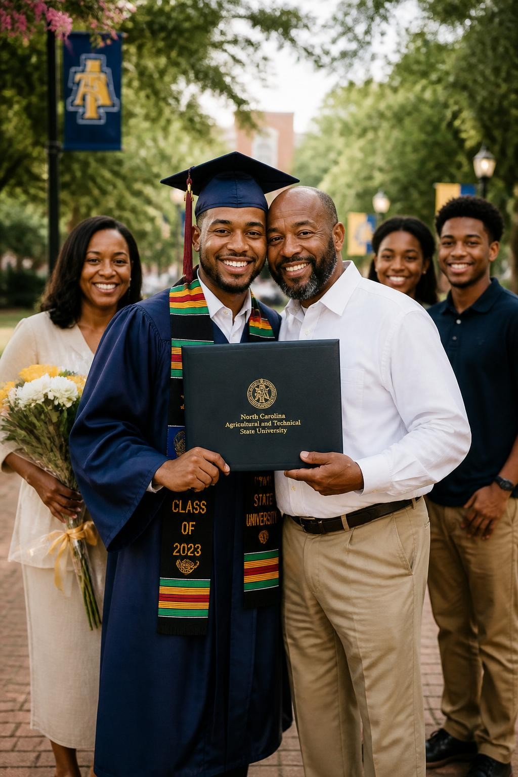 Image prompt: A touching DSLR graduation photo of a Black graduate with warm brown skin standing beside their father on a university pathway, both holding the diploma folder between them as they lean into a side hug, graduate wearing a navy graduation gown and matching cap, father wearing a crisp white shirt and tan trousers, mother and siblings softly visible behind them with flowers, trees and campus banners in the background, late afternoon light, realistic diploma texture, natural skin detail, proud family mood, polished but candid graduation photography.