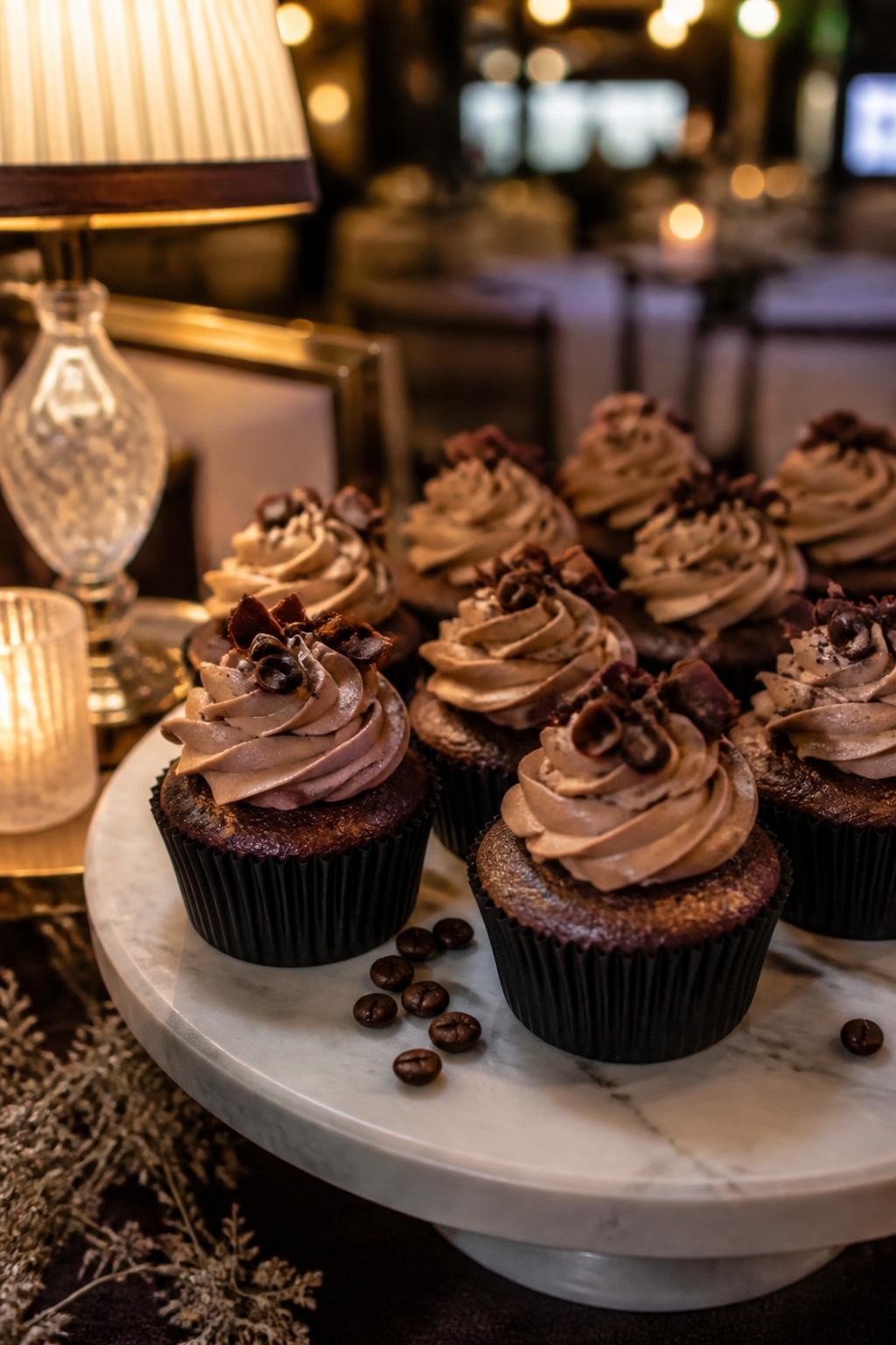 Realistic DSLR close-up of espresso mocha fall wedding cupcakes with mocha buttercream, dark chocolate curls, tiny coffee beans, black cupcake liners, marble dessert tray, warm table lamps, candlelit restaurant wedding reception background.