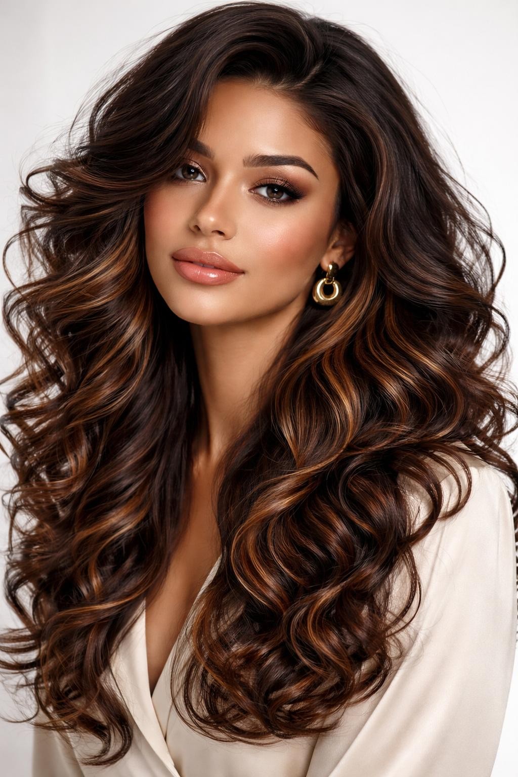 Image Prompt: A gorgeous woman with long layered curly hair, dark brown top layer with multi-tone peekaboo underlayer in caramel, auburn, and honey blonde shades, defined curls with shine and movement, mixed hidden warm-toned sections showing through the lower curls and ends, warm medium skin tone, natural glam makeup, glossy lips, gold earrings, cream blouse, clean studio background, soft flattering lighting, realistic DSLR beauty editorial portrait, detailed curl definition and mixed color contrast, no text, (no watermarks on images)