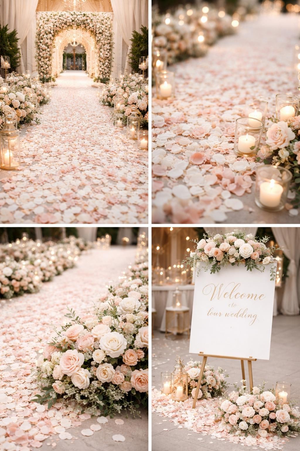 A professional 4-grid wedding decor collage showing a luxury rose petal wedding entrance walkway, top-left image featuring a wide walkway covered with white and blush rose petals leading toward a floral arch, top-right image showing close-up petals mixed with small candle holders, bottom-left image showing low floral arrangements placed along the path edges, bottom-right image showing a welcome sign with roses and petals around the base, elegant wedding venue setting, soft editorial photography, no faces, no watermarks on images.
