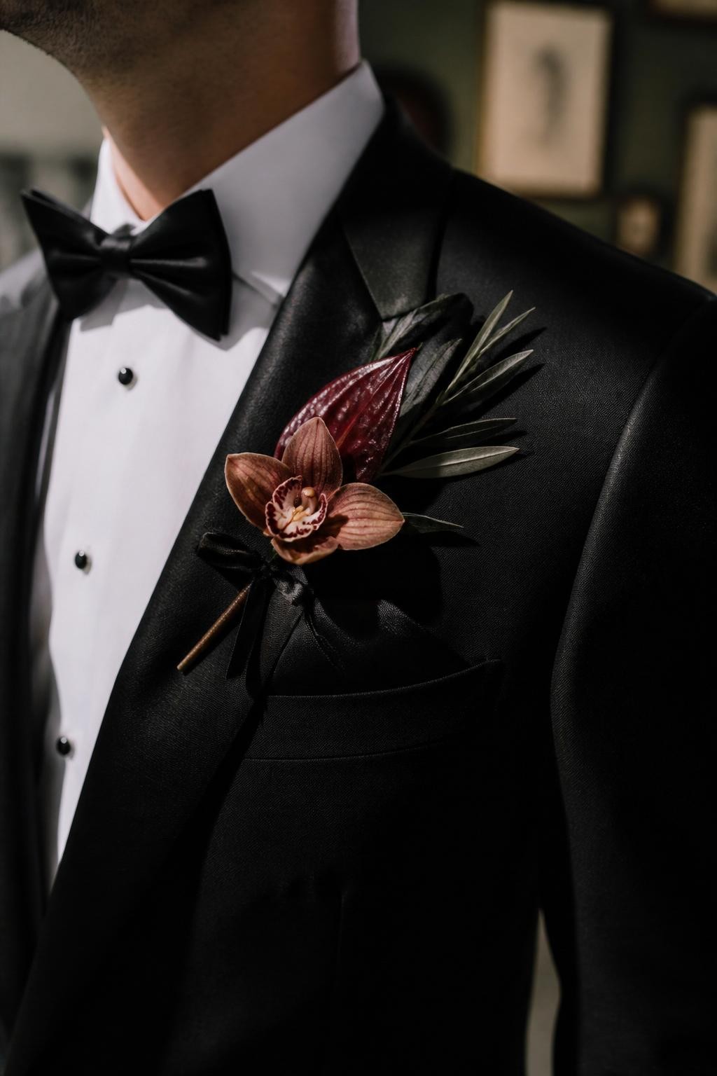 Realistic DSLR photo of a modern fall wedding boutonniere with a small mocha orchid bloom, dark red anthurium accent, black olive leaf, thin espresso ribbon, pinned to a black tuxedo lapel, gallery-style wedding venue background, dramatic side light.