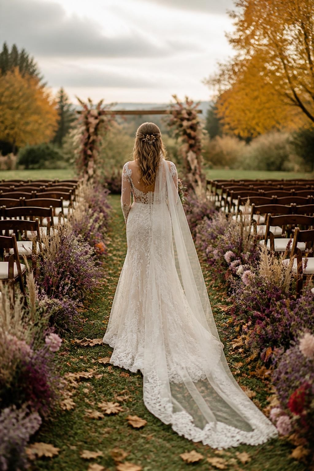 Realistic DSLR photo of an outdoor fall wedding ceremony aisle lined with meadow-style flowers in dusty pink, mauve, lavender, plum, and cream, dried grasses mixed in, wooden chairs, fallen leaves, soft cloudy garden background, bride walking from behind with face not visible, romantic autumn ceremony.