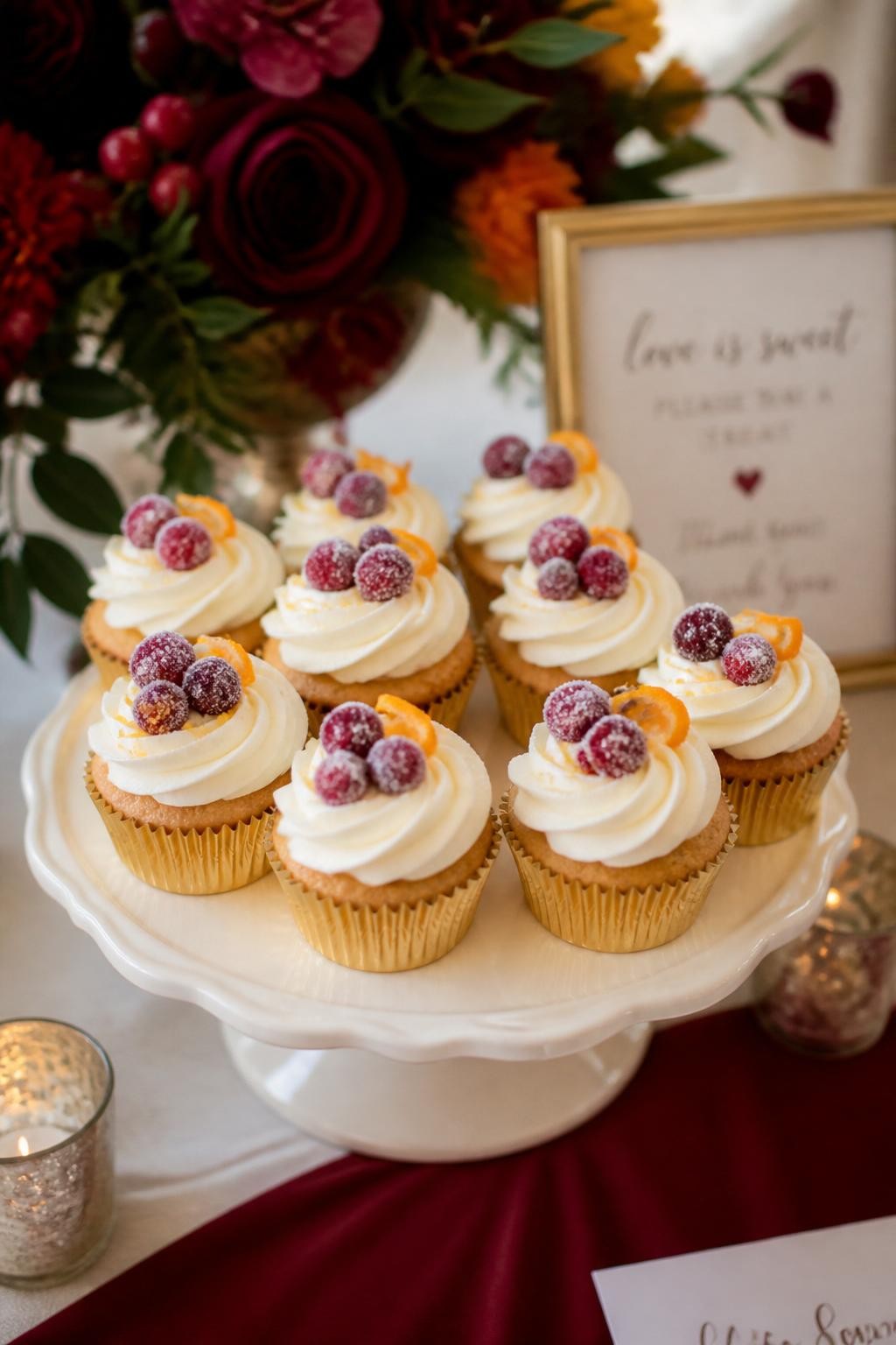 Realistic DSLR photo of cranberry orange wedding cupcakes with ivory frosting, sugared cranberries, tiny orange zest curls, gold cupcake liners, cream cake stand, burgundy flowers, warm fall wedding dessert table, soft natural light.