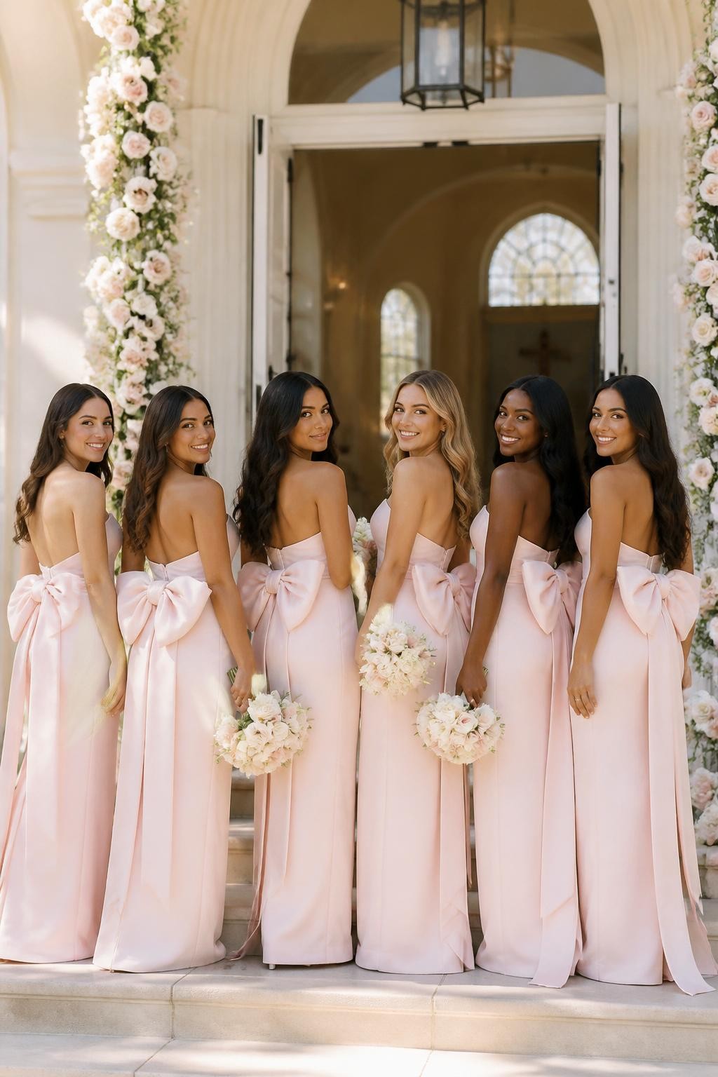 Realistic DSLR photo of bridesmaids in light pink column dresses with oversized bow details tied at the back, diverse skin tones, beautiful smiling faces, clean middle-part hairstyles and soft curls, dresses fitted through the bodice with straight elegant skirts, photographed from a mix of front and over-the-shoulder angles so the bows are visible, standing beside a cream wedding chapel entrance with tall white doors, soft floral pillars, warm sunlight, polished modern wedding style.