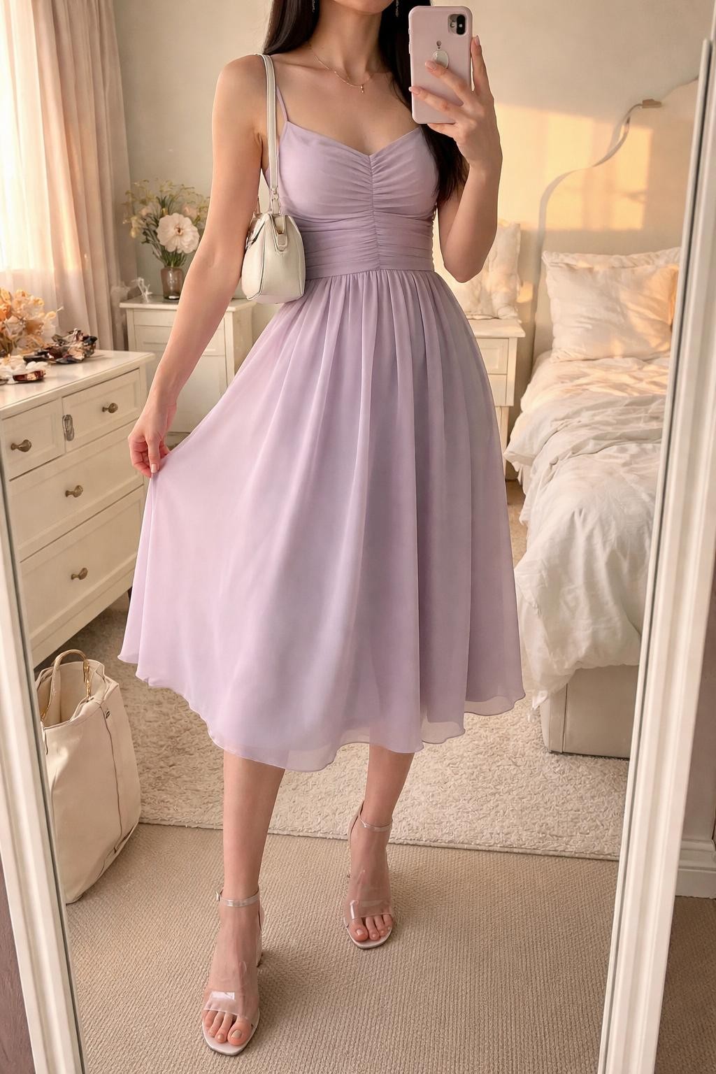mirror selfie of a woman wearing a soft lavender chiffon midi dress with clear strap heels and a cream mini shoulder bag, delicate silver drop earrings, and a soft pink lip, holding a phone in front of a mirror, cropped at NECK so face doesn't show, with a natural casual selfie pose, in a feminine-themed bedroom, evening golden hour, including small lived-in details like a tote bag on the floor, sunglasses on a dresser, or soft bedding in the background, latest iPhone photo quality.