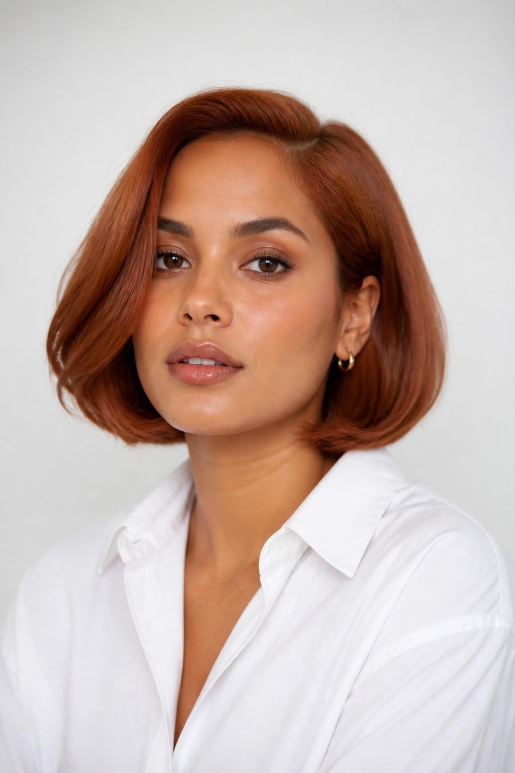 Image Prompt: A pretty woman with a chin-length copper auburn bob, smooth rounded bob shape with a soft bend at the ends, warm copper red-brown hair color with glossy shine, medium skin tone, fresh natural makeup, glossy nude lips, small gold earrings, white button-up shirt, bright clean studio background, soft flattering lighting, realistic beauty editorial photography, detailed bob shape and copper auburn shine, no text, (no watermarks on images)