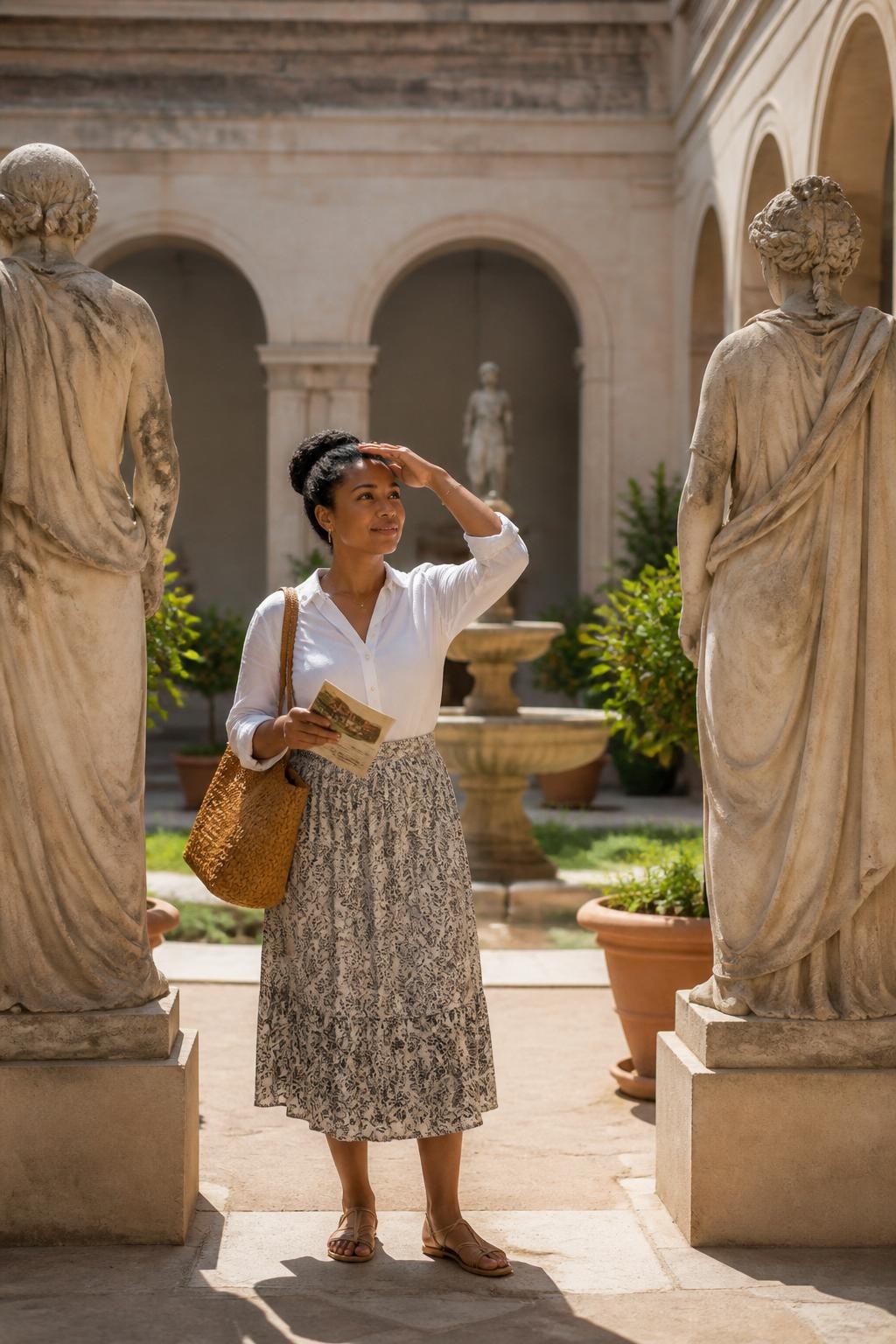 Image prompt: A sunny DSLR museum courtyard photo of an adult Black woman with warm brown skin standing between two stone statues, wearing a white linen shirt tucked into a patterned midi skirt, flat sandals, and a woven shoulder bag, one hand shading her eyes gently while looking toward the courtyard fountain, the other hand holding a museum brochure, stone arches, potted citrus trees, old museum walls, soft afternoon light, realistic statue texture, natural fabric wrinkles, elegant outdoor museum trip photography, peaceful and beautiful.