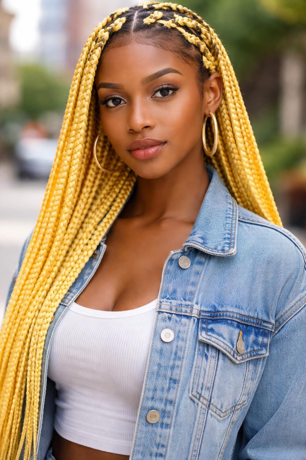 Image Prompt: A fashionable woman wearing long yellow box braids, waist-length braids in golden yellow and soft lemon tones, neat square parts, smooth finished tips, softly styled baby hairs, medium-deep brown skin, glossy lips, gold hoop earrings, denim jacket over a white top, outdoor city background softly blurred, natural daylight, realistic lifestyle beauty portrait, detailed braid texture and yellow color, no text, (no watermarks on images)