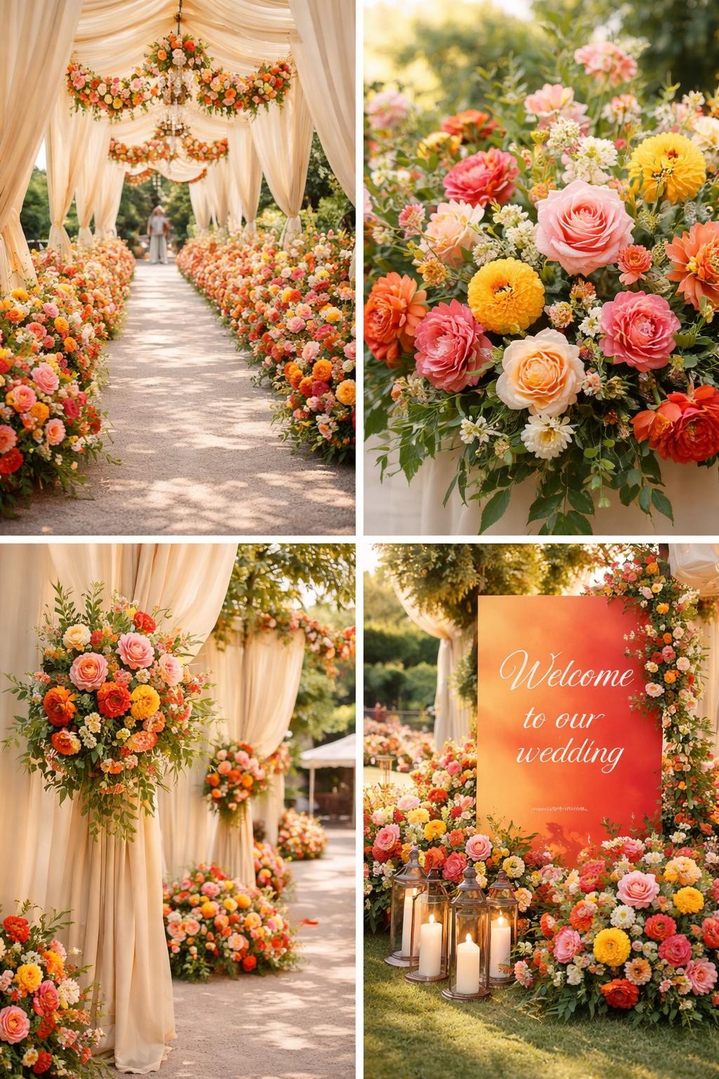 A professional 4-grid wedding decor collage showing a colorful floral wedding entrance walkway, top-left image featuring a bright walkway lined with pink, orange, yellow, and coral flowers, top-right image showing close-up mixed floral arrangements with roses, ranunculus, and greenery, bottom-left image showing matching flowers attached to entrance posts, bottom-right image showing a bold welcome sign surrounded by colorful blooms and candles, joyful outdoor wedding decor, natural daylight, no faces, no watermarks on images.
