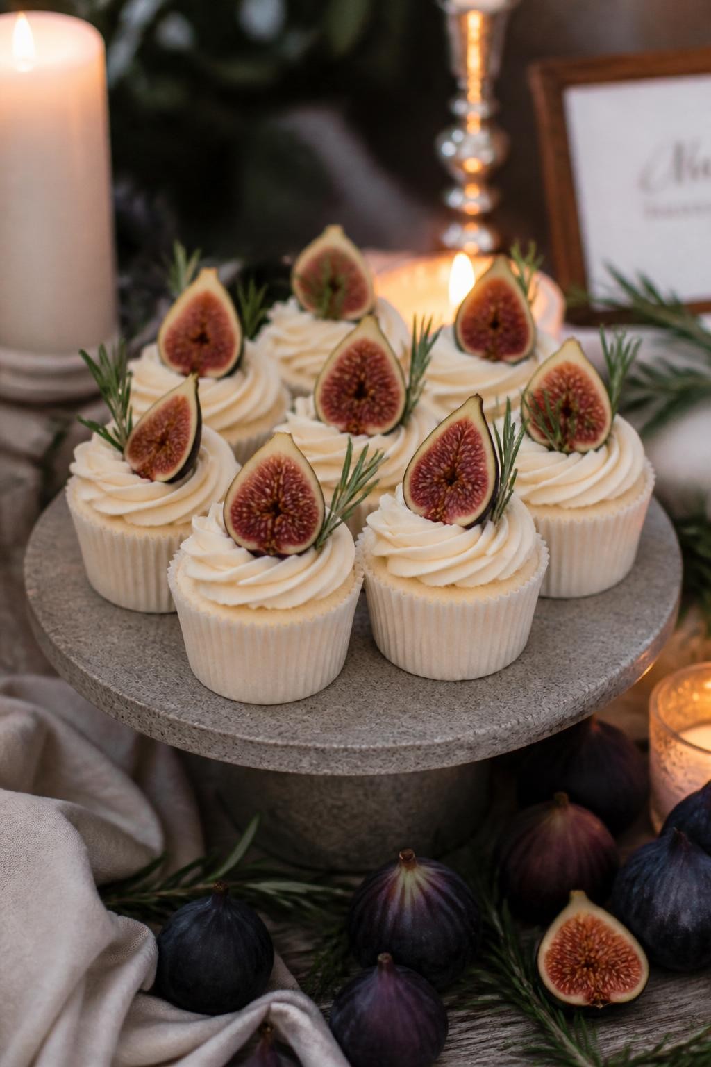 Realistic DSLR photo of fall wedding cupcakes topped with honey buttercream, sliced fresh figs, tiny rosemary sprigs, soft cream wrappers, stone cake stand, dark purple figs scattered around the display, ivory candles, rustic elegant reception table.