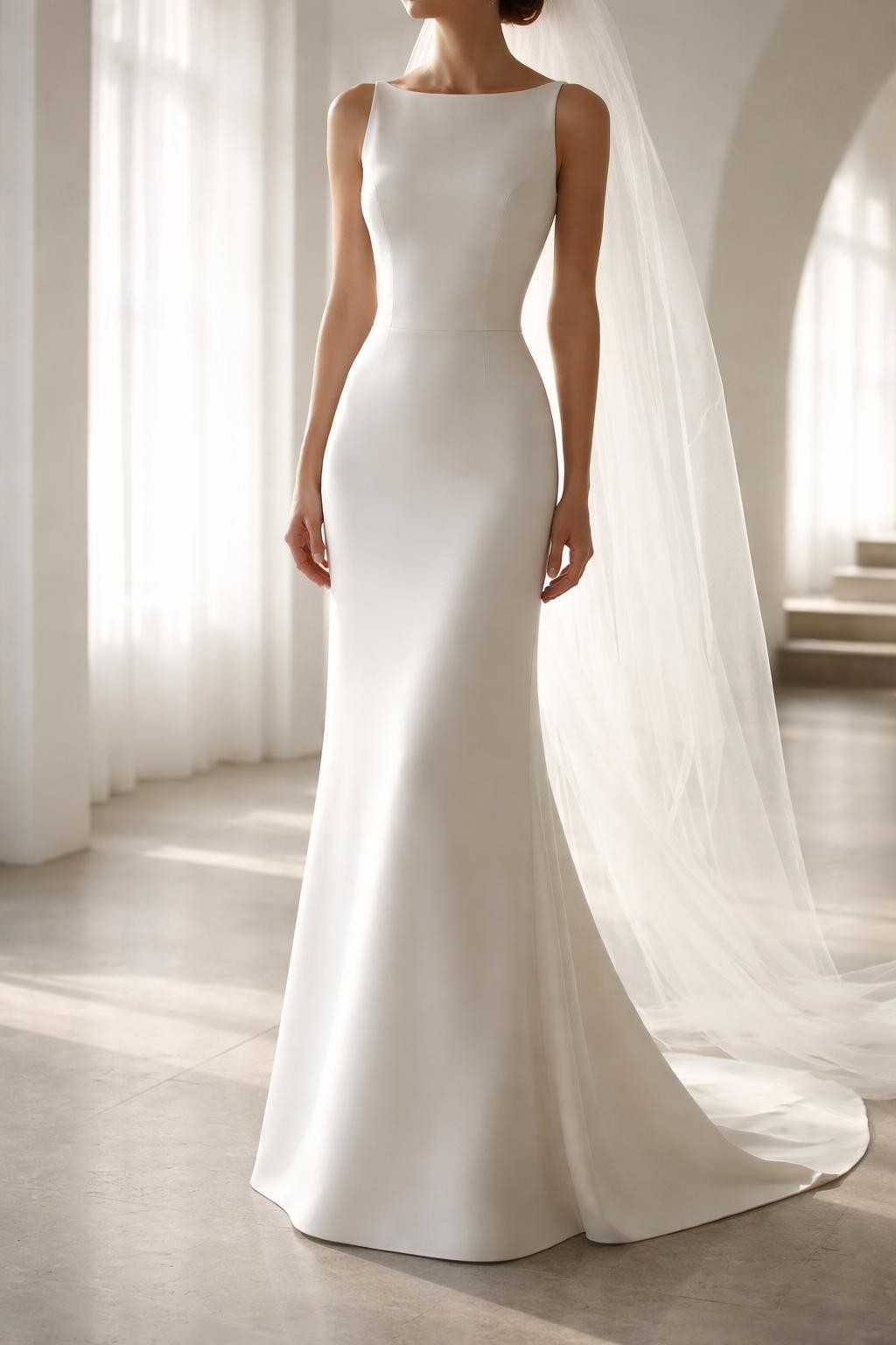 Image Prompt: A sleek bridal editorial image of a bride wearing a crepe column wedding dress in a modern chapel or clean studio setting. Show only from the neck down or from a back-facing pose with the face fully hidden. The dress has a smooth column shape, modest neckline, long clean lines, and a small train. Use soft directional light, realistic crepe texture, minimal styling, luxury fashion magazine photography, no visible face, no text, no watermark. (no watermarks on images)