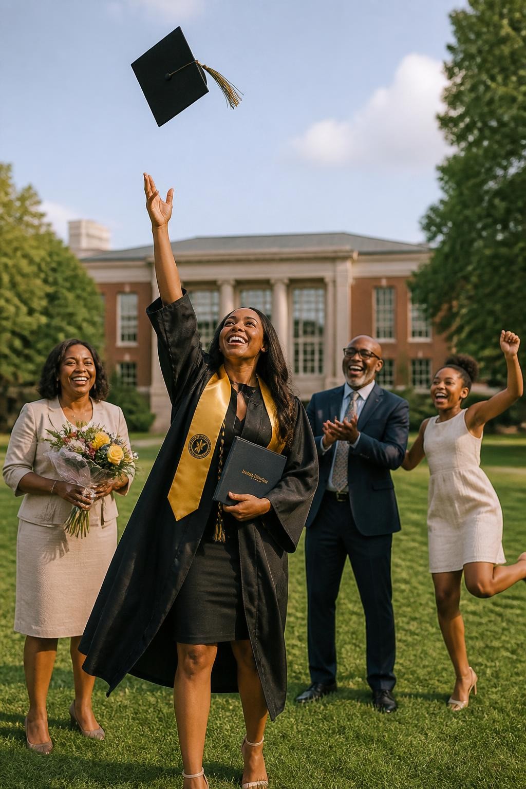 Image prompt: A joyful DSLR graduation photo of a Black graduate with deep brown skin standing on a clean campus lawn in a black graduation gown and cap, tossing the cap high into the air while family members cheer behind them, mother holding flowers, father clapping, younger sibling jumping with excitement, all dressed in polished semi-formal outfits, university building softly blurred in the background, gold stole moving in the wind, diploma folder tucked under one arm, warm afternoon light, realistic grass texture, natural skin detail, candid family celebration mood, modern graduation photography.