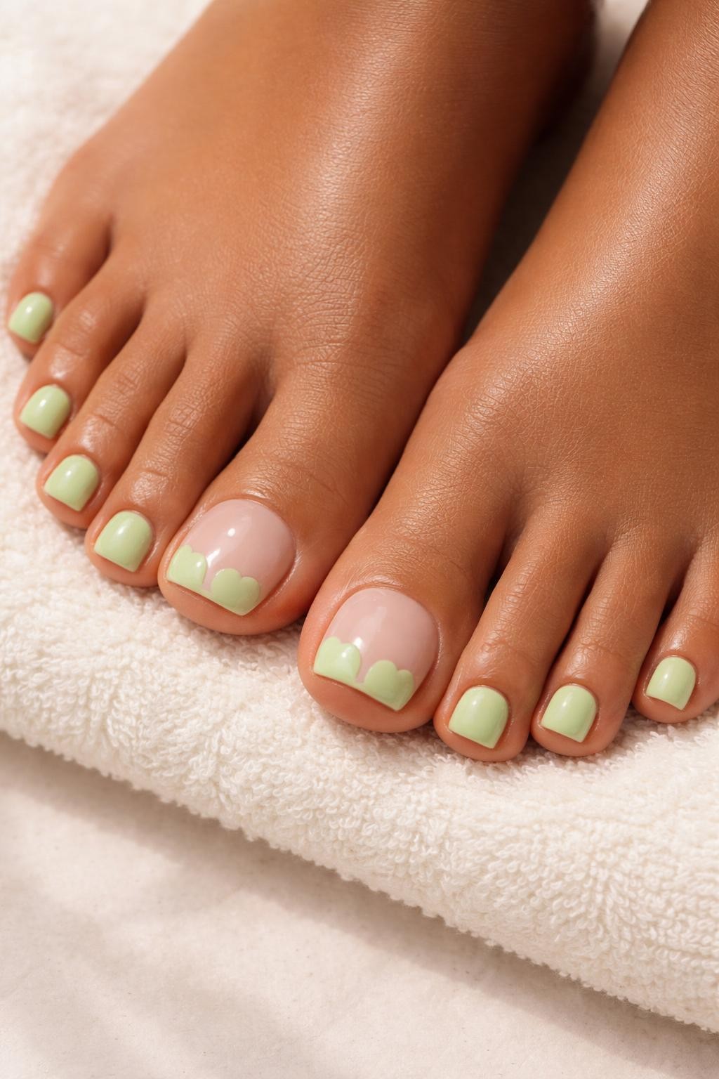 Close-up DSLR photo of a girly green pedicure on caramel brown skin, sheer base on the big toenails with tiny pistachio green heart-shaped French tips, smaller toes painted glossy pistachio green, feet resting on a pale cream towel, soft natural light, clean cuticles, no face visible.