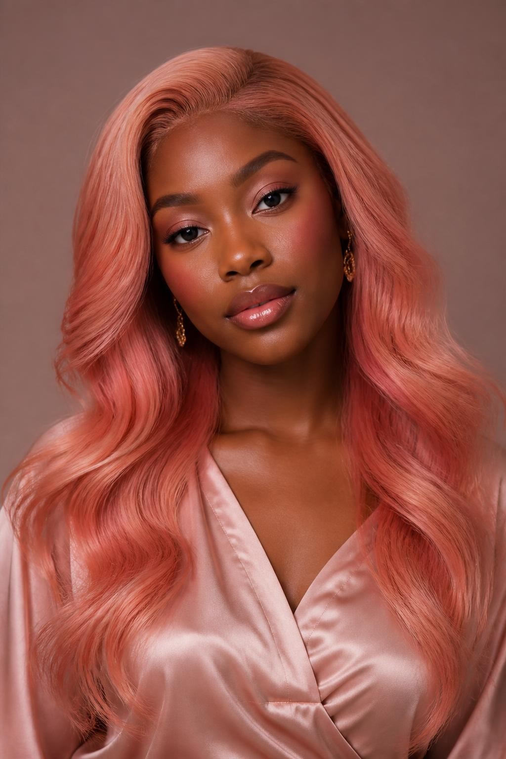 Image Prompt: A beautiful black woman with long rose peach hair, soft peach shade with rosy pink undertones, loose polished waves, fresh pink-toned makeup, glossy lips, delicate gold earrings, blush satin blouse, clean studio background, soft diffused lighting, realistic DSLR beauty portrait, detailed rose peach shine and wave movement, no text, (no watermarks on images)