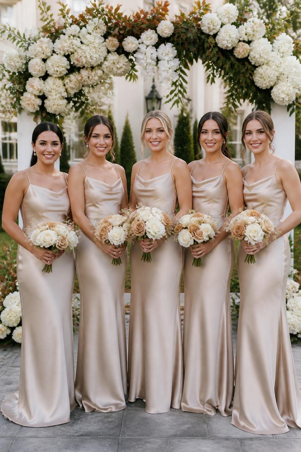 Realistic DSLR photo of bridesmaids in champagne matte satin column dresses, full outfits visible, standing beside a white floral wedding arch with fall greenery, visible smiling faces, soft neutral makeup, pearl earrings, cream and toffee bouquets, elegant estate wedding setting, natural daylight.