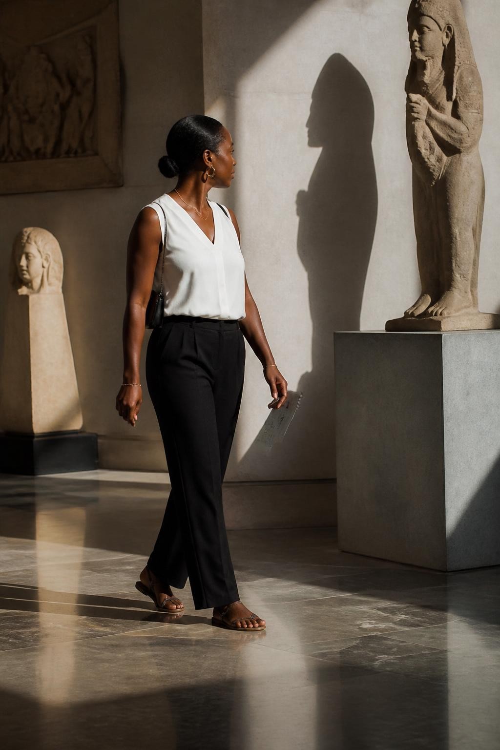 Image prompt: A creative DSLR photo of an adult Black woman with rich brown skin walking through a museum sculpture room, wearing a white sleeveless blouse, black tailored trousers, and simple sandals, captured mid-step as large sculpture shadows fall across the wall and floor beside her, her face turned slightly away from the camera, one hand holding a small museum brochure, the other swinging naturally by her side, tall stone sculptures around her, soft directional gallery lighting, realistic shadow shapes, polished floor reflection, elegant museum trip photography, modern and artistic.
