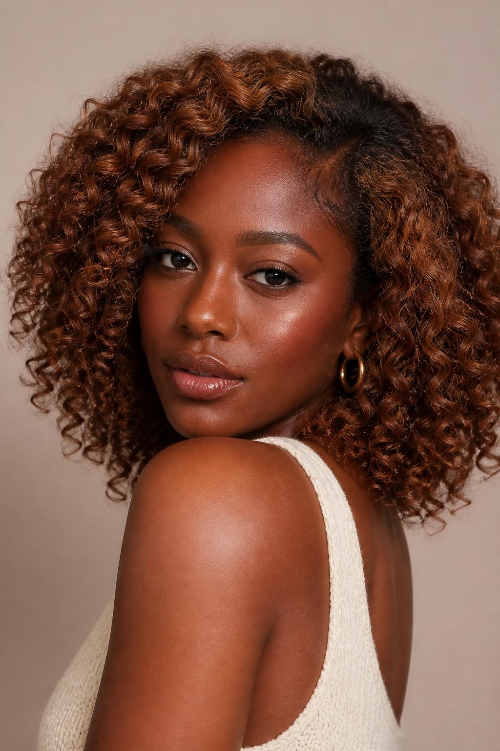 Image Prompt: A beautiful black woman with brown eyes and shoulder-length copper brown curls, warm brown shade with soft copper shine, defined spiral curls with healthy volume, medium-deep skin tone, natural glowing makeup, glossy nude lips, small gold hoops, cream knit top, clean neutral studio background, soft diffused lighting, close-up beauty editorial portrait, realistic DSLR photo, crisp curl texture and warm copper brown color, no text, (no watermarks on images)