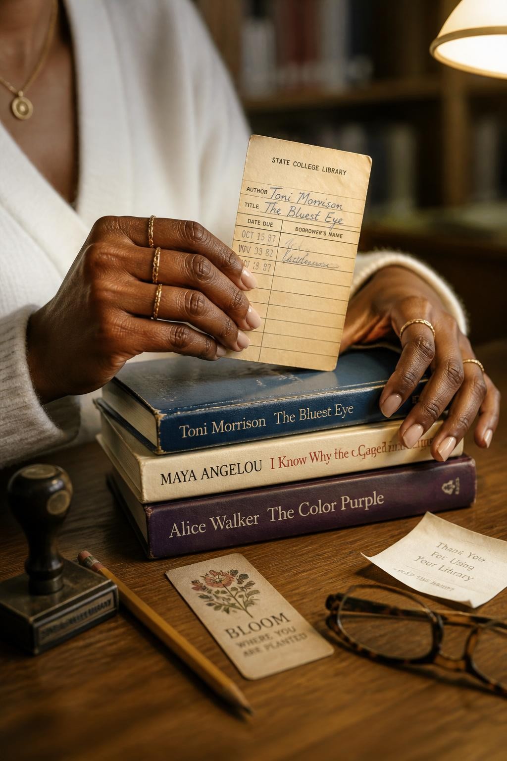 Image prompt: A detailed DSLR close-up library photo of an adult Black woman’s hands with rich brown skin holding an old library checkout card and a small stack of books, wearing delicate gold rings, a soft white sweater sleeve, and neutral nail polish, no full face shown, the books resting on a wooden table with a pencil, bookmark, library stamp, folded receipt, and reading glasses nearby, warm desk lamp light, realistic paper creases, worn book covers, natural hand texture, quiet cute library detail photography, nostalgic but modern mood.