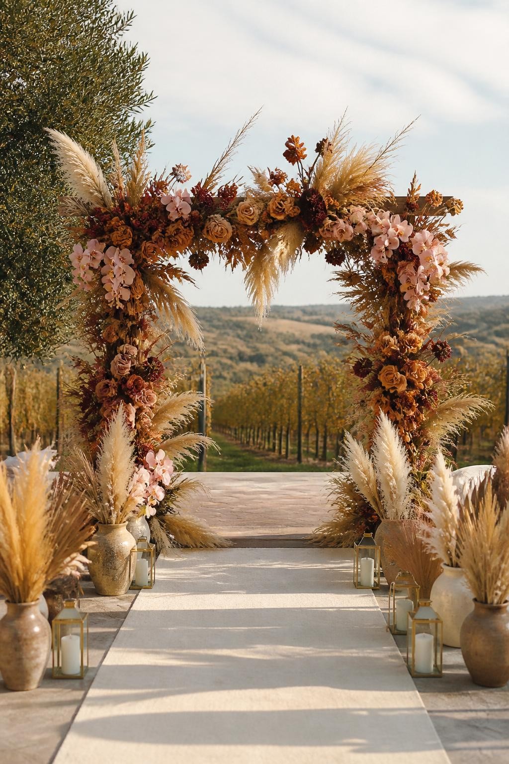 Realistic DSLR photo of a fall wedding ceremony arch covered in terracotta roses, plum dahlias, clay pink orchids, dried wheat, pampas grass, linen aisle markers, warm afternoon light, outdoor vineyard venue, natural textures, no visible faces.