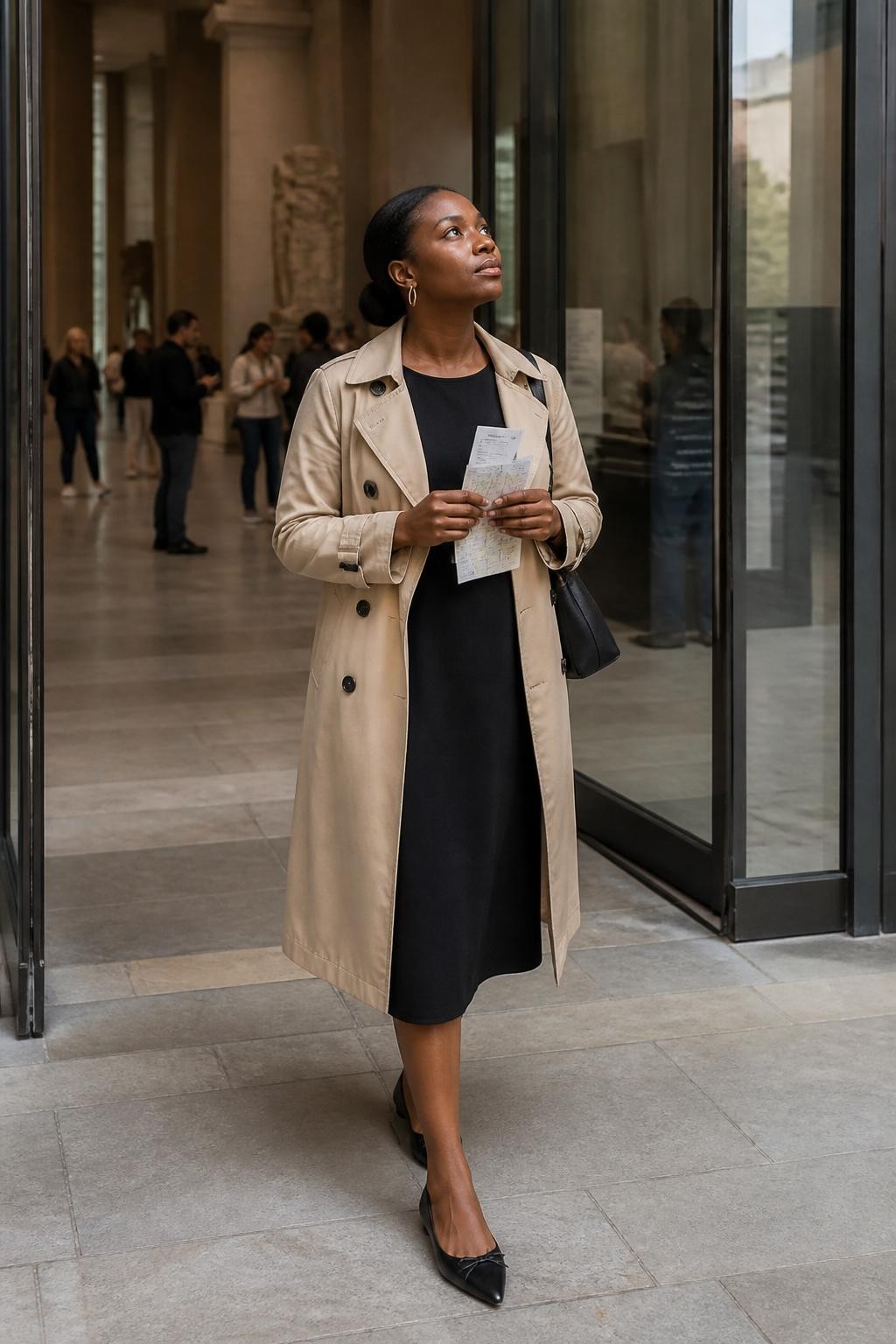Image prompt: A realistic DSLR museum photo of an adult Black woman with deep brown skin standing just inside a modern museum entrance, wearing a soft beige trench coat over a black midi dress, pointed flats, and gold hoop earrings, holding a museum ticket and folded map close to her chest while looking up toward the tall gallery ceiling, one foot slightly forward as if she just stepped inside, glass doors behind her, stone floor, soft daylight from the atrium, visitors blurred in the background, ticket details visible but not readable, natural skin texture, realistic coat folds, calm stylish museum trip mood, human travel photography.