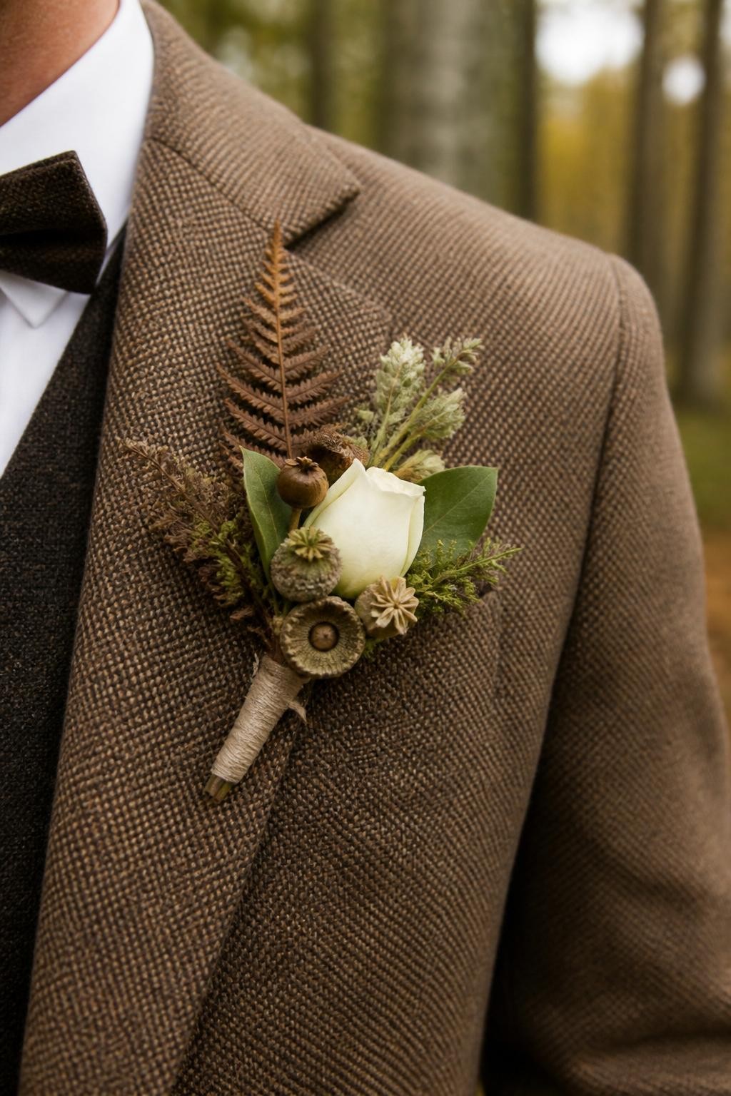 Realistic DSLR close-up of a woodland fall wedding boutonniere with tiny acorn caps, brown fern, ivory rosebud, mossy green leaves, dried seed pods, wrapped with natural linen thread, pinned to a brown tweed jacket, forest background softly blurred.