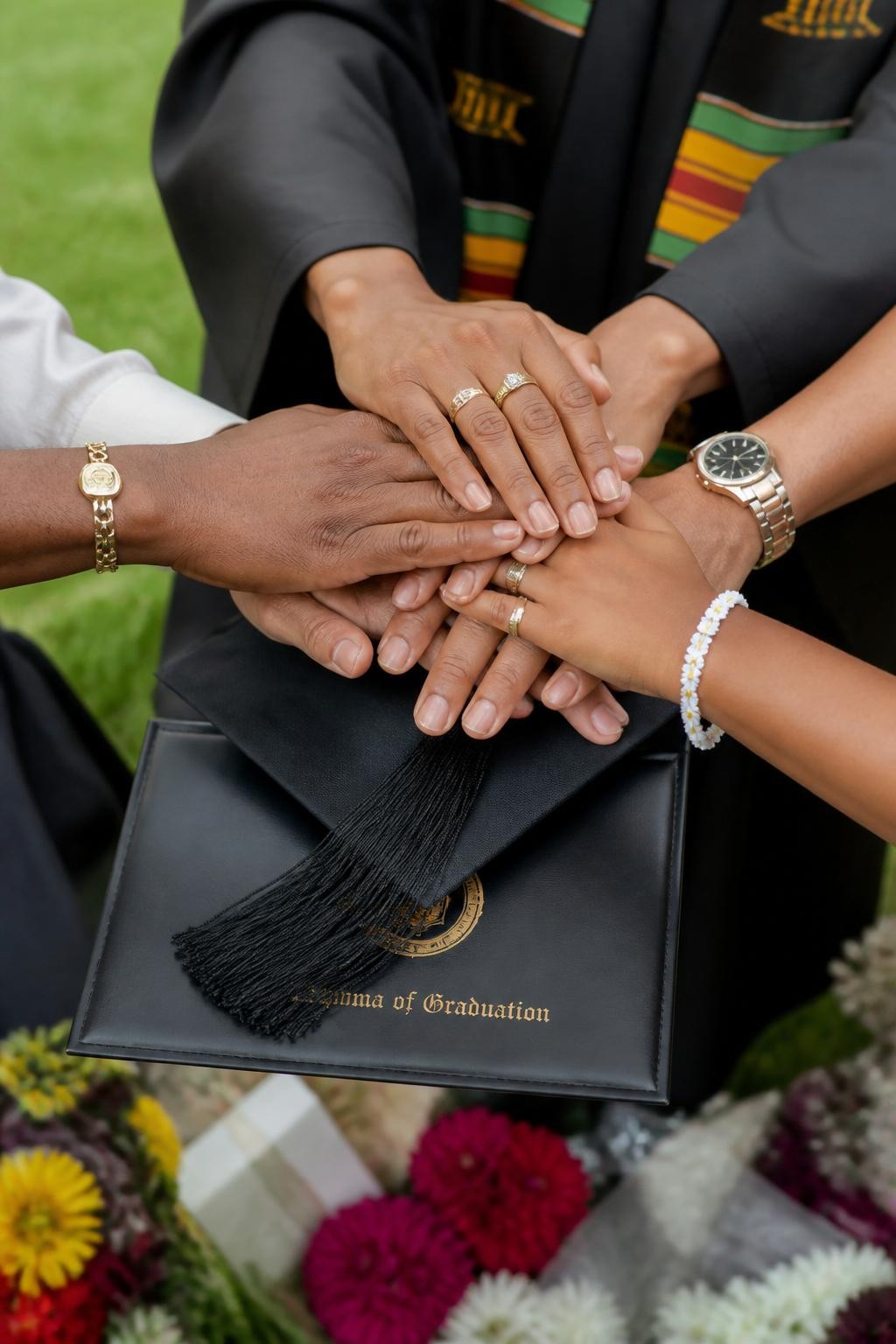 Image prompt: A close-up DSLR graduation detail photo showing a graduate’s hands, parents’ hands, and siblings’ hands stacked gently over a diploma folder and graduation cap, featuring deep brown and warm brown skin tones, gold rings, simple bracelets, black gown sleeves, one parent’s watch, sibling’s small flower bracelet, cap tassel spread across the diploma, flowers and campus grass blurred beneath, no full faces visible, realistic hand texture, soft daylight, intimate family graduation detail photography, meaningful and modern.
