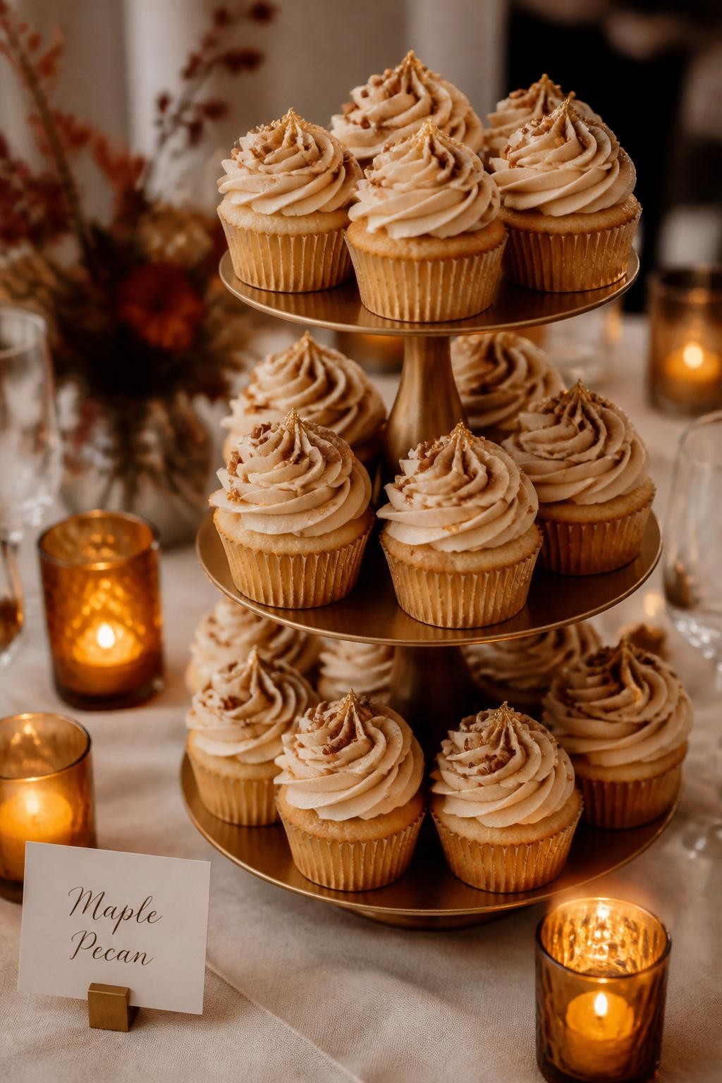 Realistic DSLR photo of maple pecan fall wedding cupcakes on a tiered gold stand, soft maple buttercream swirls, chopped toasted pecans, tiny touches of edible gold leaf, cream linen table, amber glass votives, cozy autumn wedding dessert setup.