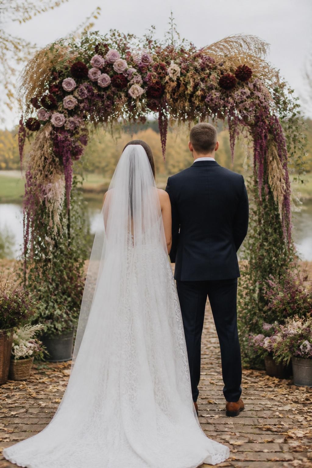 Realistic DSLR photo of a fall wedding ceremony arch covered in mauve roses, plum dahlias, dusty pink ranunculus, burgundy scabiosa, dried grasses, and soft olive greenery, outdoor garden venue with fallen leaves, couple standing from behind with faces not visible, cloudy autumn light, romantic pink and purple wedding mood.