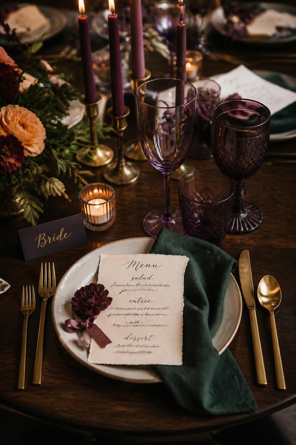 Realistic DSLR close-up of a fall wedding place setting with amethyst purple glassware, plum taper candles, cream ceramic plate, folded emerald linen napkin, gold flatware, handwritten menu card, dark wood table, soft candlelight, jewel tone reception styling.
