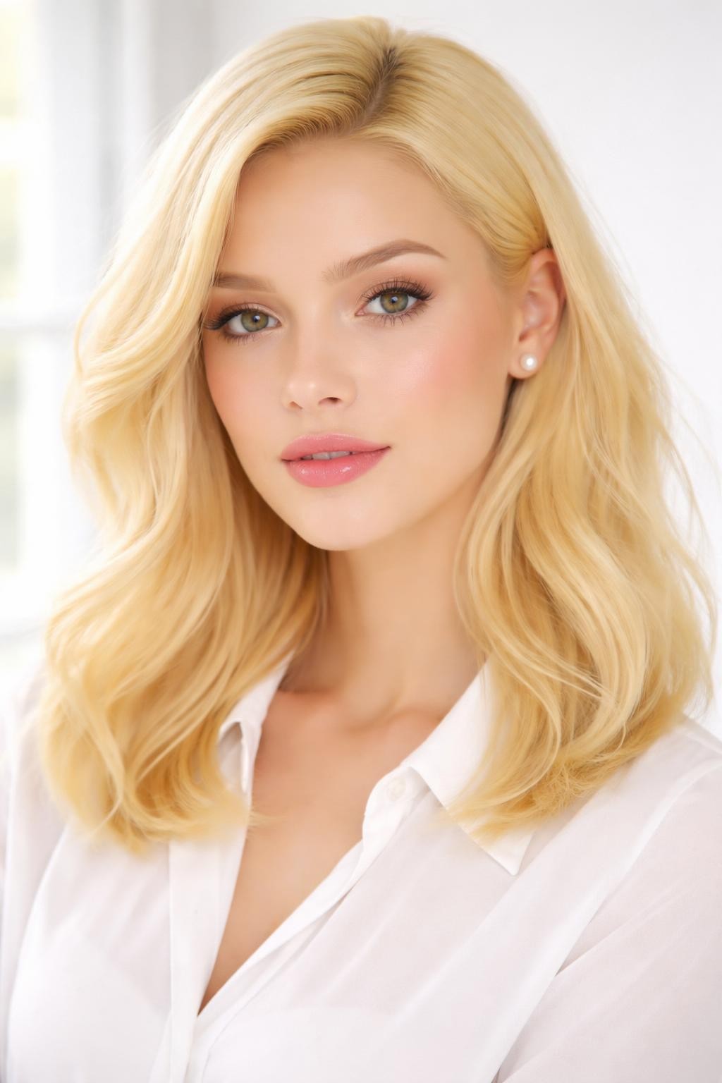Image Prompt: A pretty woman with medium-length pastel lemon hair, soft pale yellow color with light creamy undertones, smooth blowout waves, fresh glowy makeup, glossy pink lips, small pearl earrings, white blouse, bright airy studio background, soft daylight, realistic DSLR beauty editorial portrait, detailed pastel lemon color and soft hair texture, no text, (no watermarks on images)