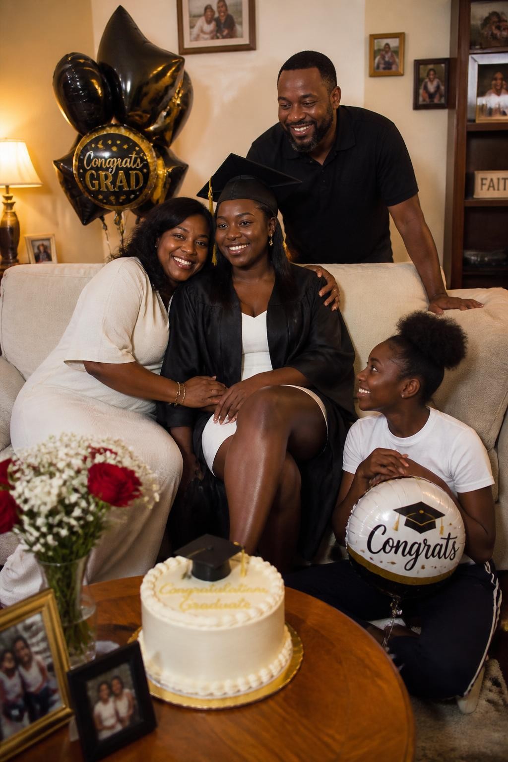 Image prompt: A cozy DSLR graduation photo inside a family living room, featuring a Black graduate with rich dark skin sitting in the center of a cream sofa wearing a graduation gown over a simple white outfit, cap slightly tilted, family gathered around them with balloons, flowers, framed photos, and a homemade cake on the coffee table, mother hugging from one side, sibling sitting on the floor holding a “Congrats” balloon, father standing behind the sofa with a proud smile, warm lamp light, realistic home details, natural skin texture, candid family celebration photography.