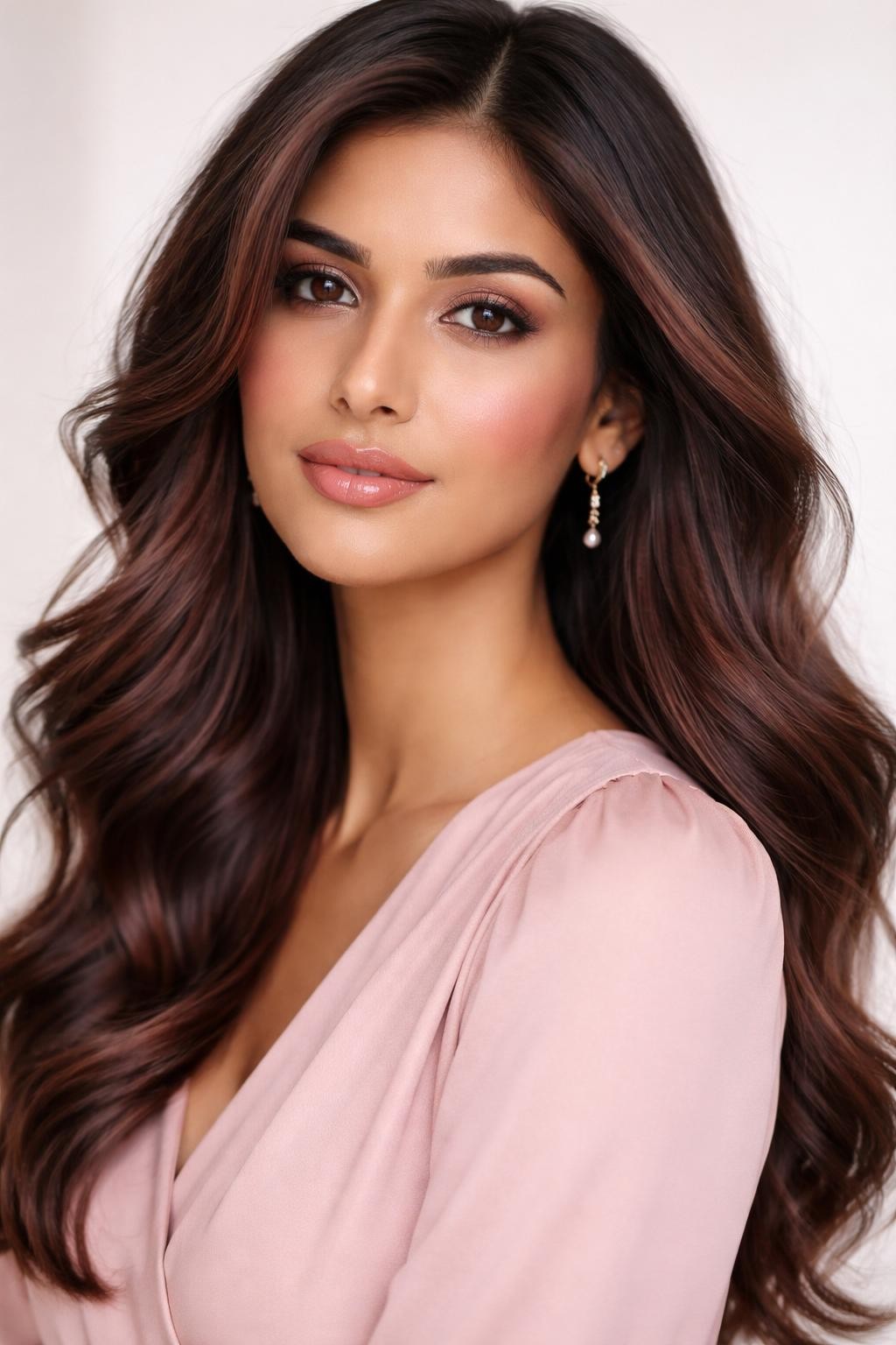 Image Prompt: A beautiful Indian woman with dark brown hair and soft rose brown highlights, muted rosy-brown pieces placed through loose waves and around the face, warm medium skin tone, soft pink-toned makeup, glossy nude lips, delicate gold earrings, blush pink blouse, clean studio background, soft diffused lighting, realistic DSLR beauty portrait, detailed rosy highlight contrast, no text, (no watermarks on images)