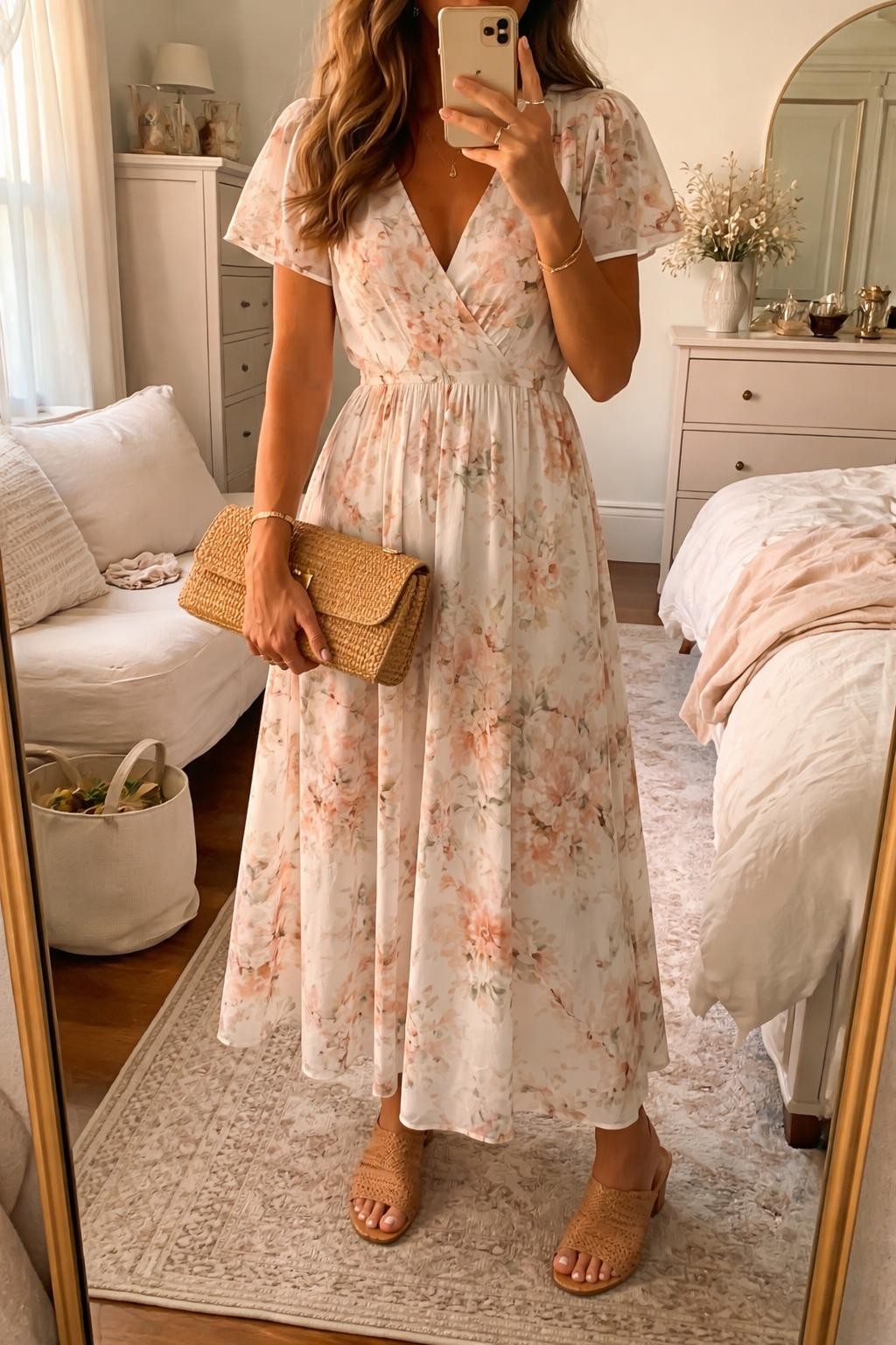 mirror selfie of a woman wearing a white base floral maxi dress with muted pastel blooms and natural tan woven heeled mules, holding a structured straw clutch and wearing a thin gold bracelet with loose waves, holding a phone in front of a mirror, cropped at NECK so face doesn't show, with a natural casual selfie pose, in a feminine-themed bedroom, evening golden hour, including small lived-in details like a tote bag on the floor, sunglasses on a dresser, or soft bedding in the background, latest iPhone photo quality.