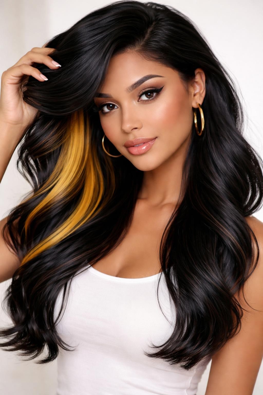 A beautiful woman with long glossy black hair and yellow peekaboo color underneath, dark top layer with hidden golden yellow underlayer, soft waves with one side lifted to reveal the color, medium-deep skin tone, soft glam makeup, glossy lips, gold hoop earrings, simple white top, clean studio setting, soft lighting, realistic DSLR editorial photo, playful hidden yellow color detail, no text, (no watermarks on images)